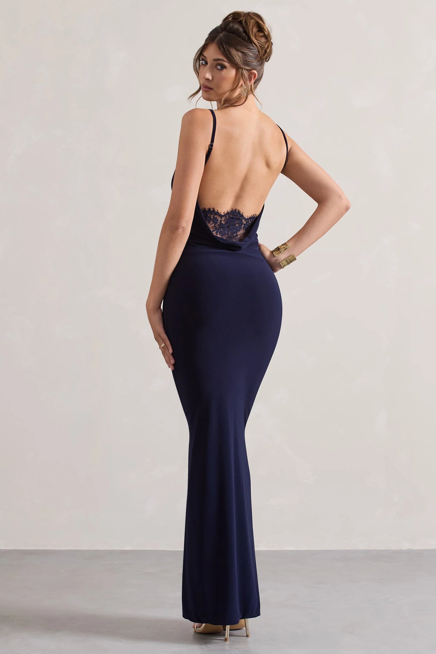Francoise Navy Cowl Neck Backless Maxi Dress With Lace Insert