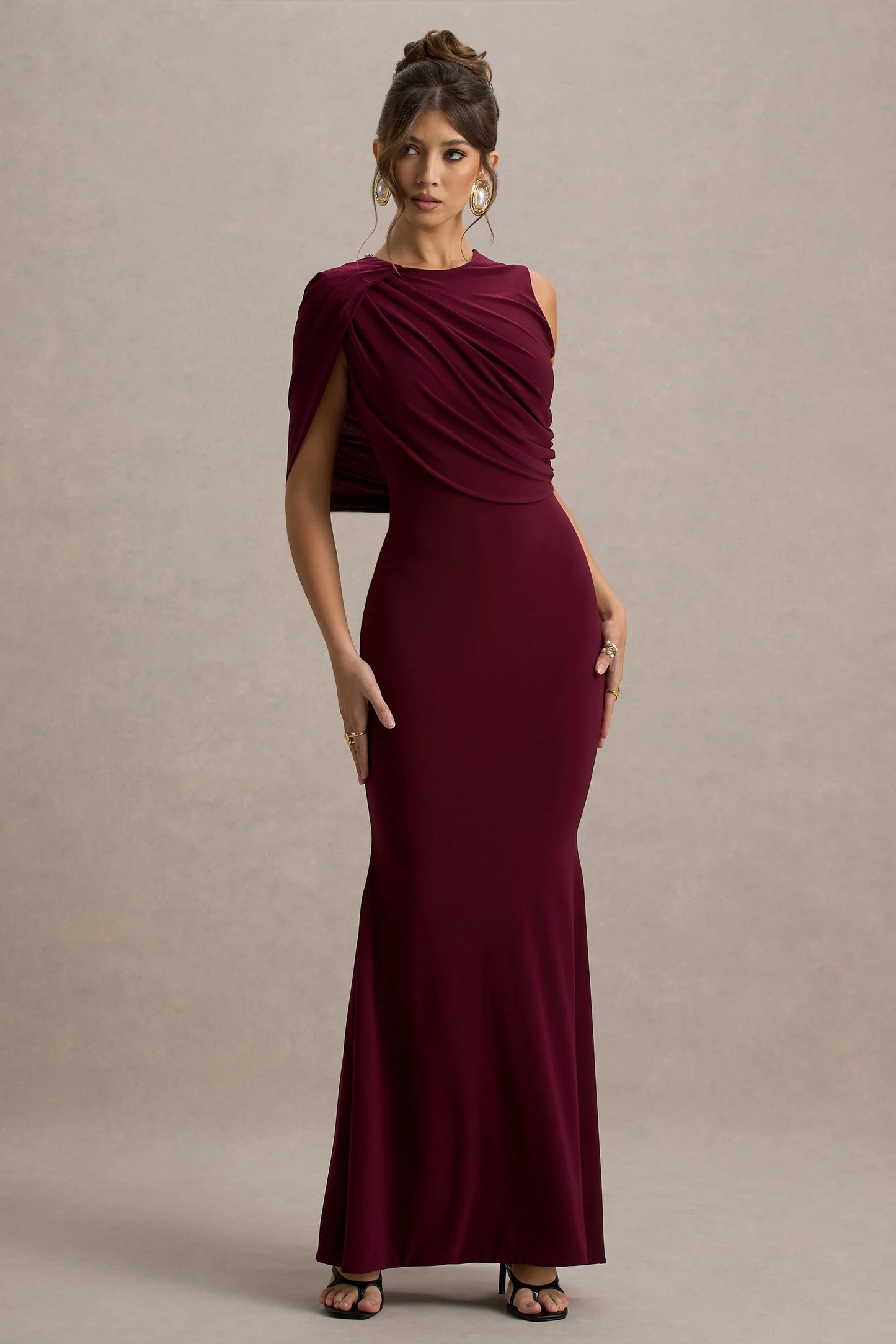 Rae Burgundy Maxi Dress With One-Sleeve Cape