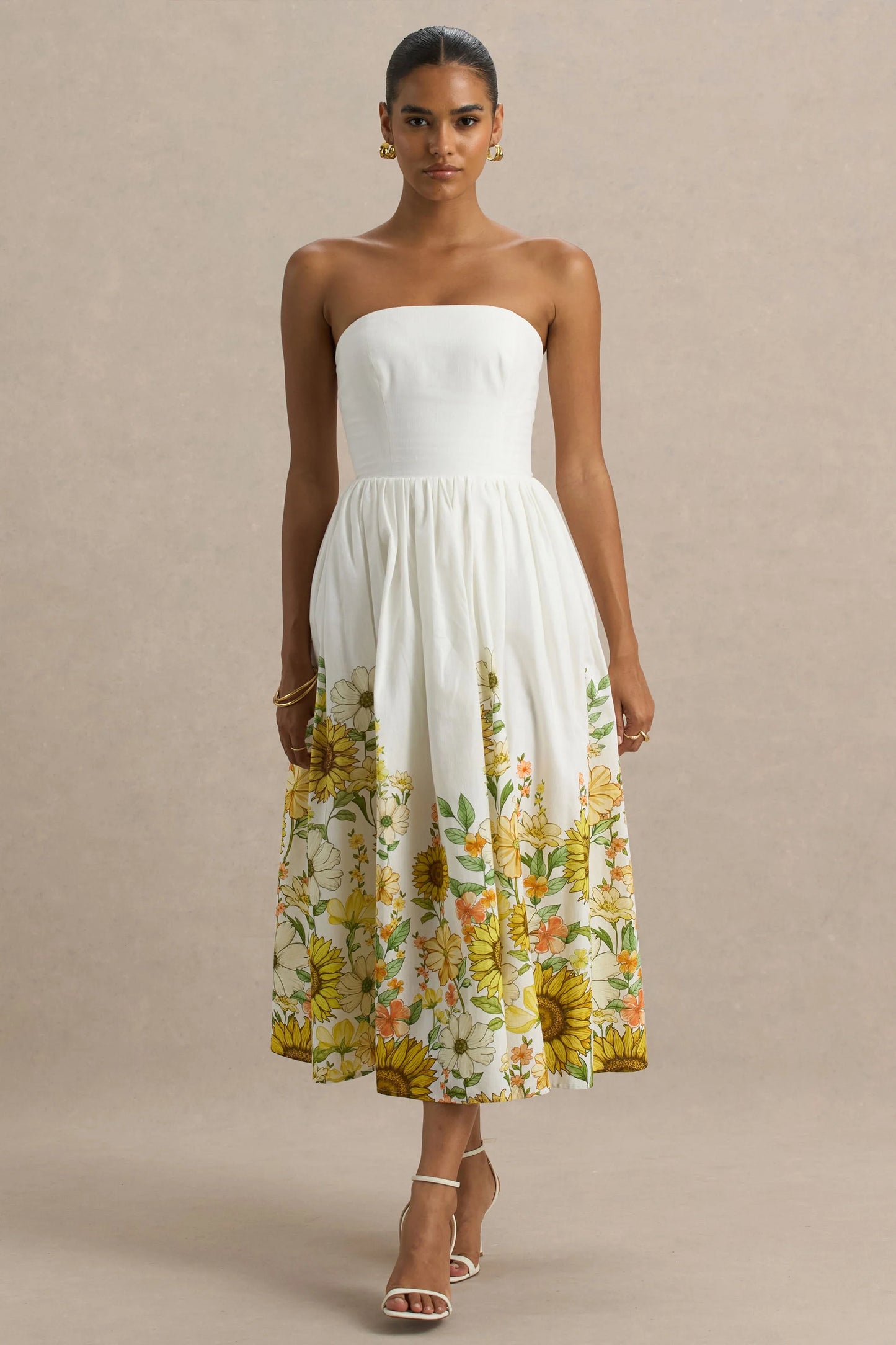Ivory Sunflower Print Bandeau High-Low Midi Dress