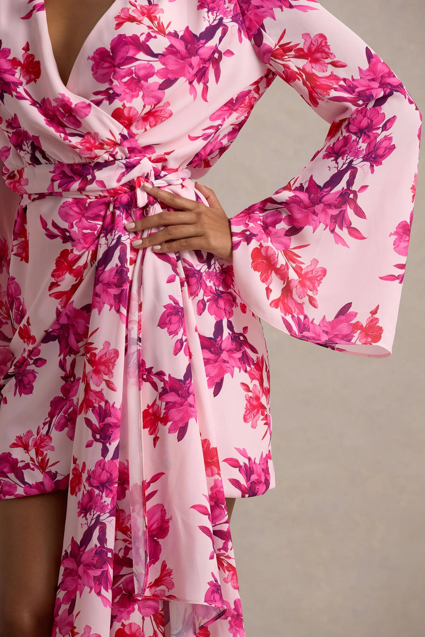 Goldie Pink Floral Print Chiffon Long-Sleeve Wrap Mini Dress