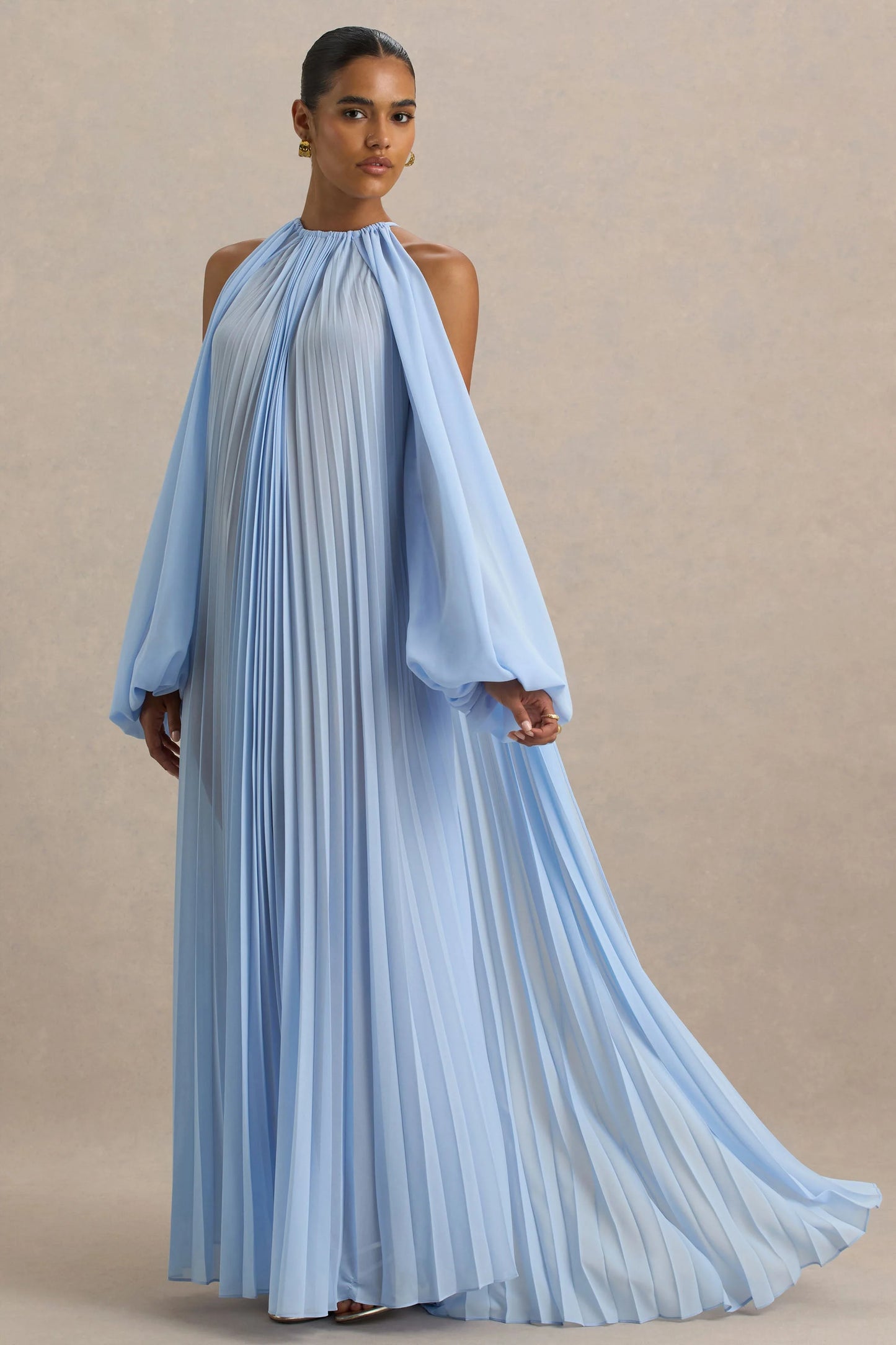 Reyna Powder Blue Pleated Chiffon Cold-Shoulder Maxi Dress