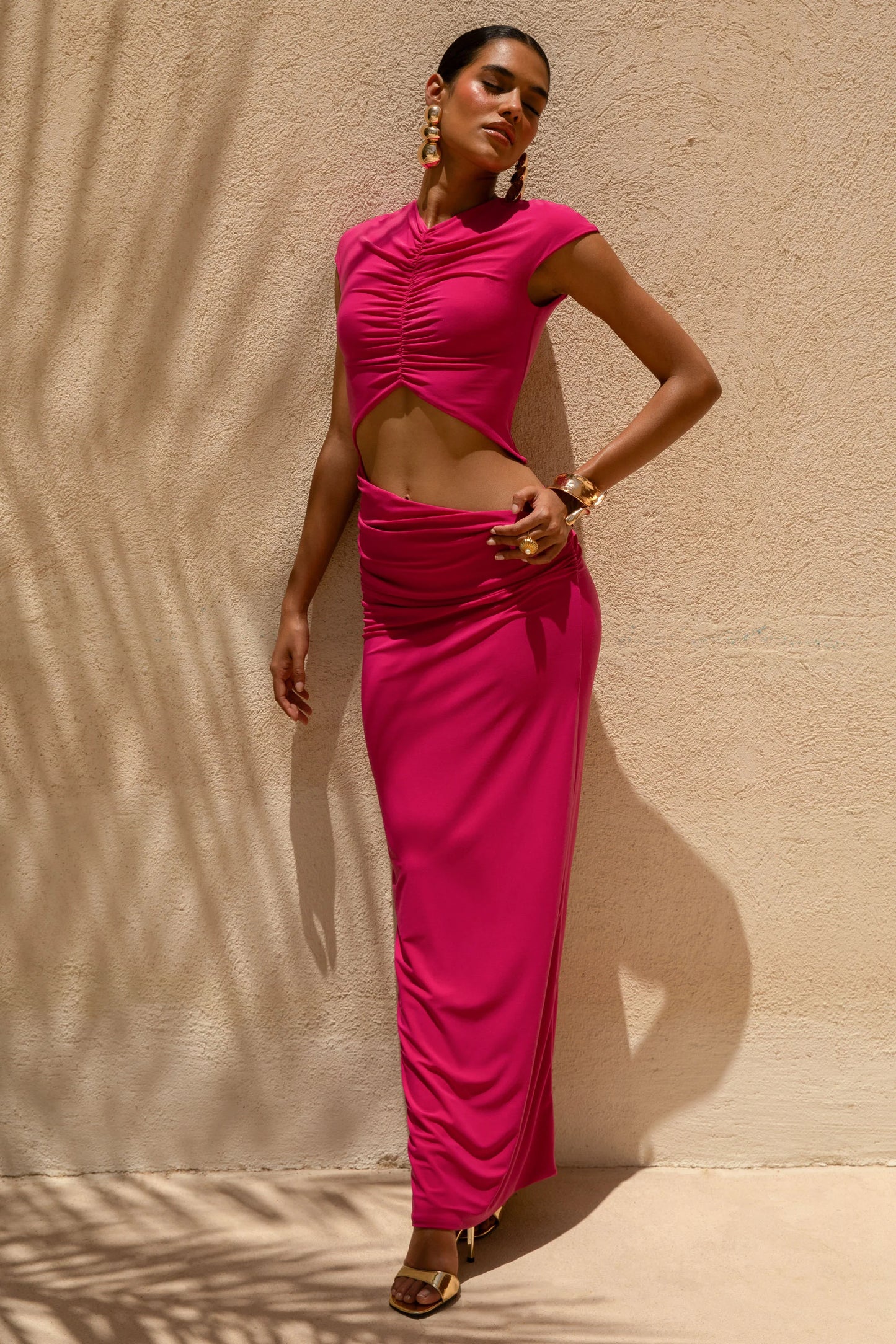 Pia Hot Pink Short-Sleeve Maxi Dress With Cut-Out