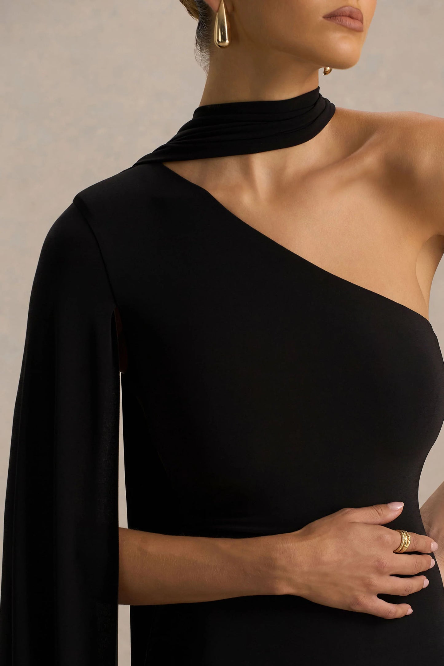Arianne Black Asymmetric-Neck Mini Dress With Scarf Detail