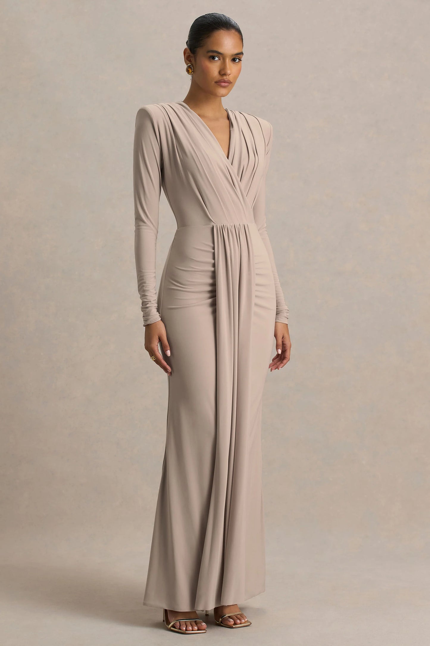 Flashy Champagne Plunge-Neck Maxi Dress With Ruched Detailing