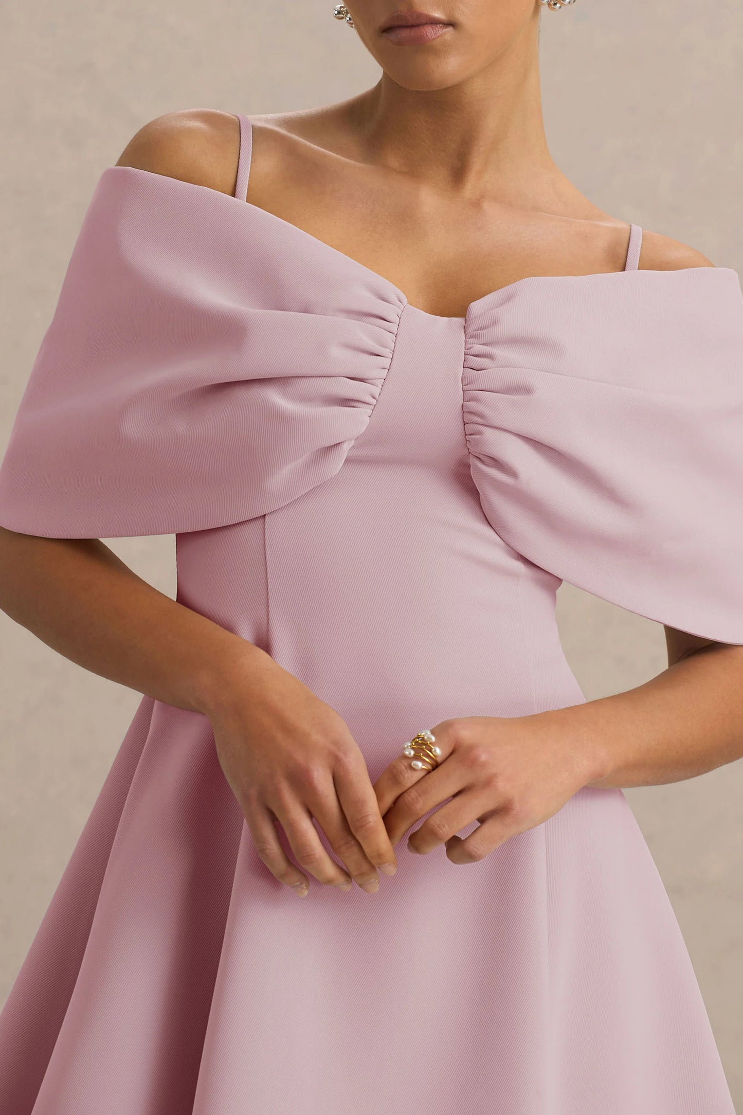 Faria Blush Pink Short-Sleeve Bardot Mini Dress With Bow Detail