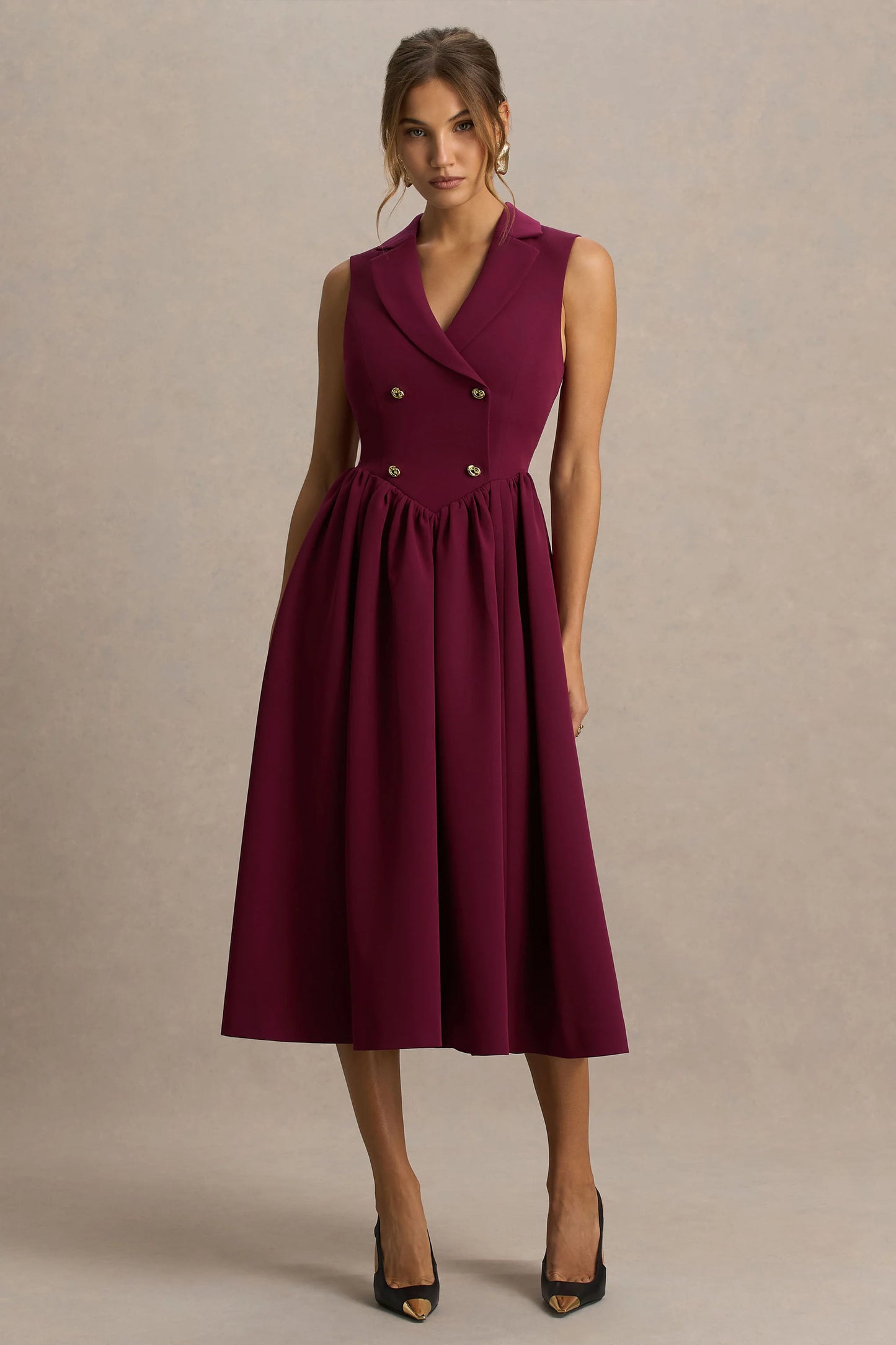 Lisa Burgundy Plunge-Neck Tailored Midi Dress With Button-Detailing