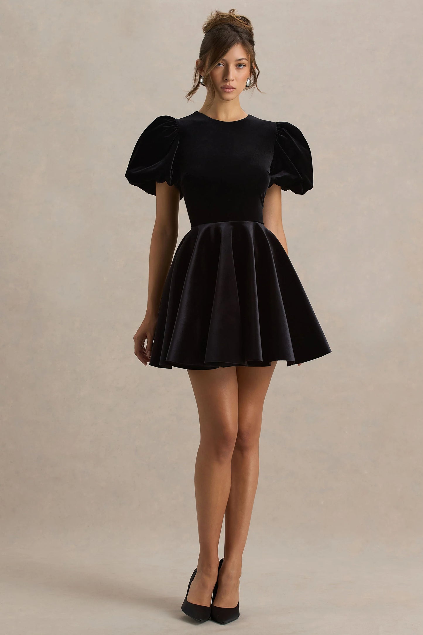 Priya Black Velvet Mini Dress With Puff Sleeves