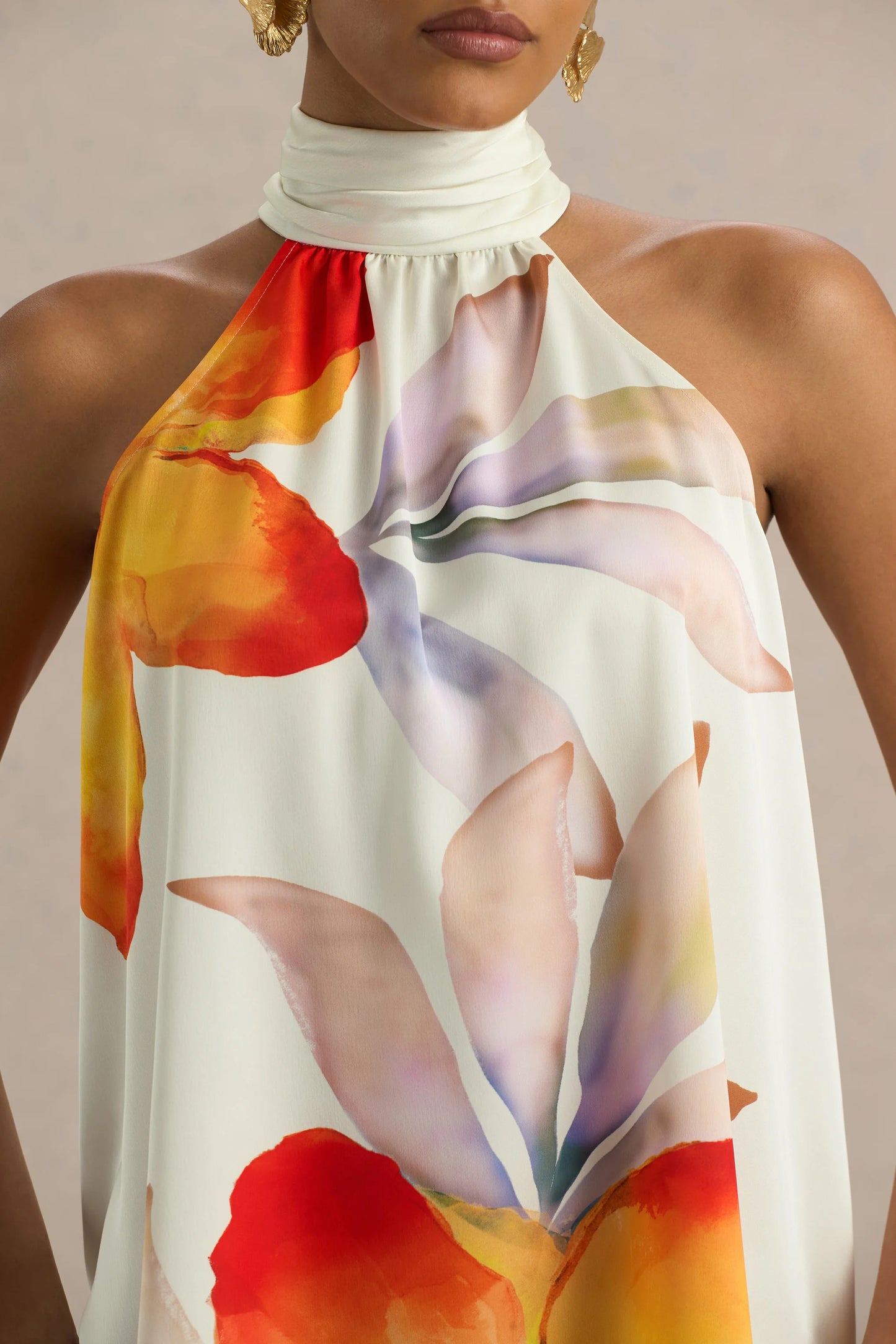 Evita Orange Floral High-Neck Satin Mini Dress