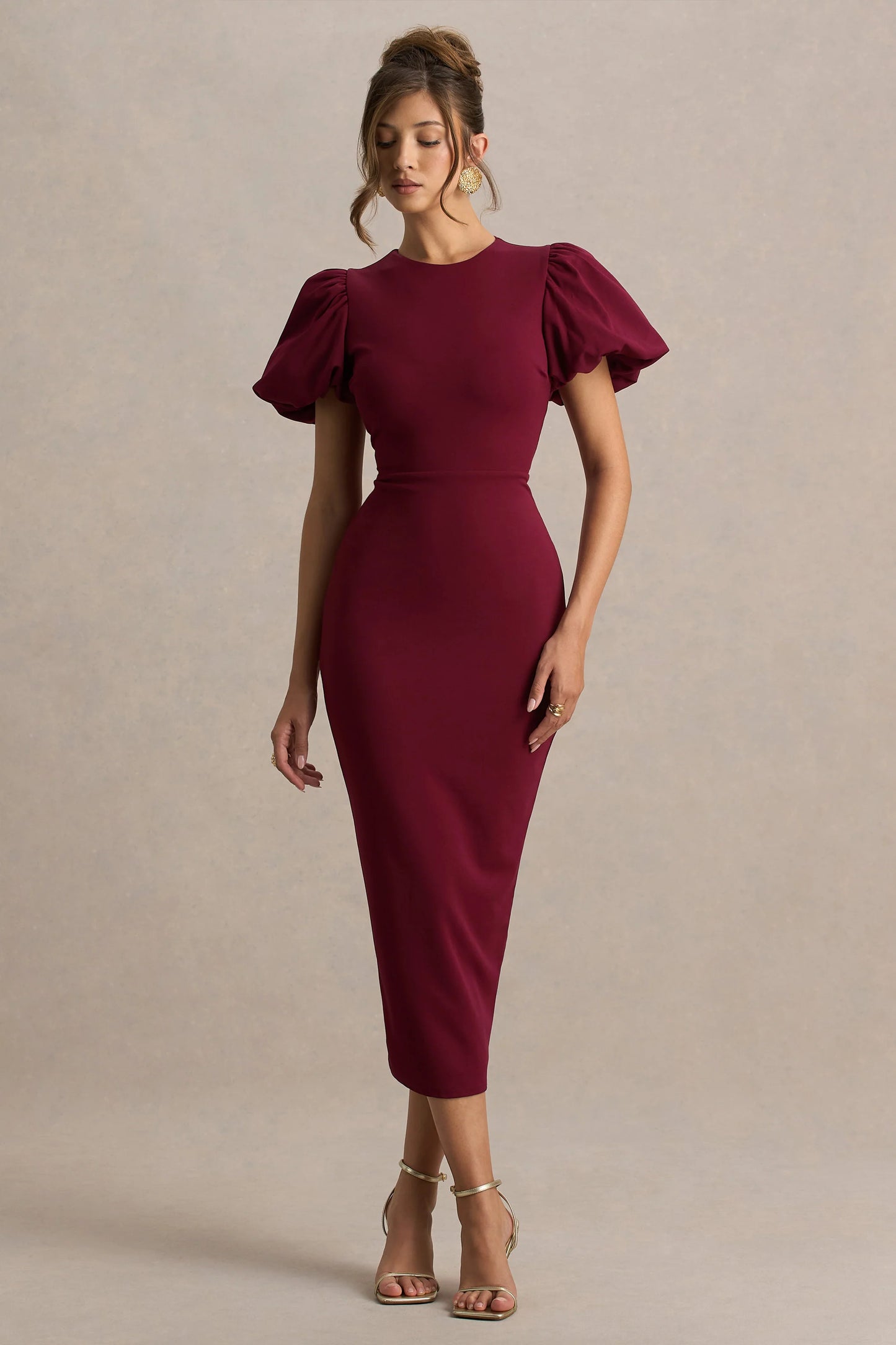 Dakota Burgundy Puff-Sleeve Midi Dress
