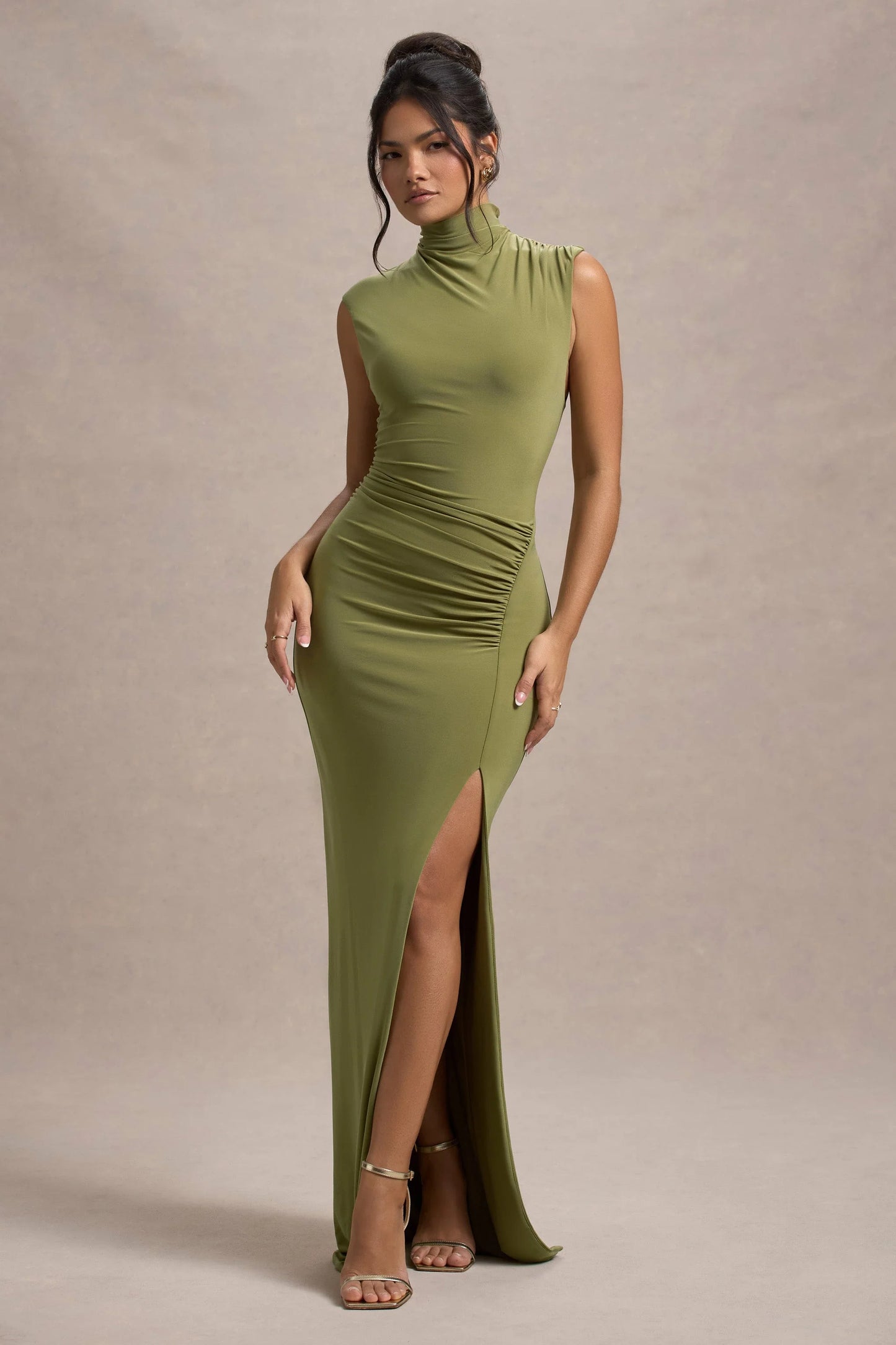 Lanetta Olive Ruched High-Neck Maxi Dress With Split