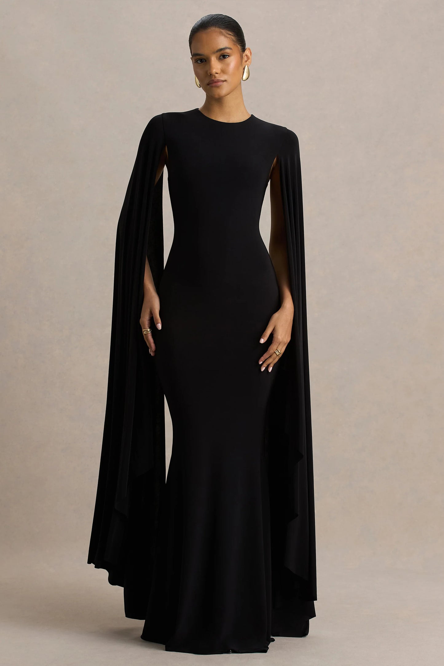 Briony Black Crew-Neck Maxi Dress With Cape Sleeves