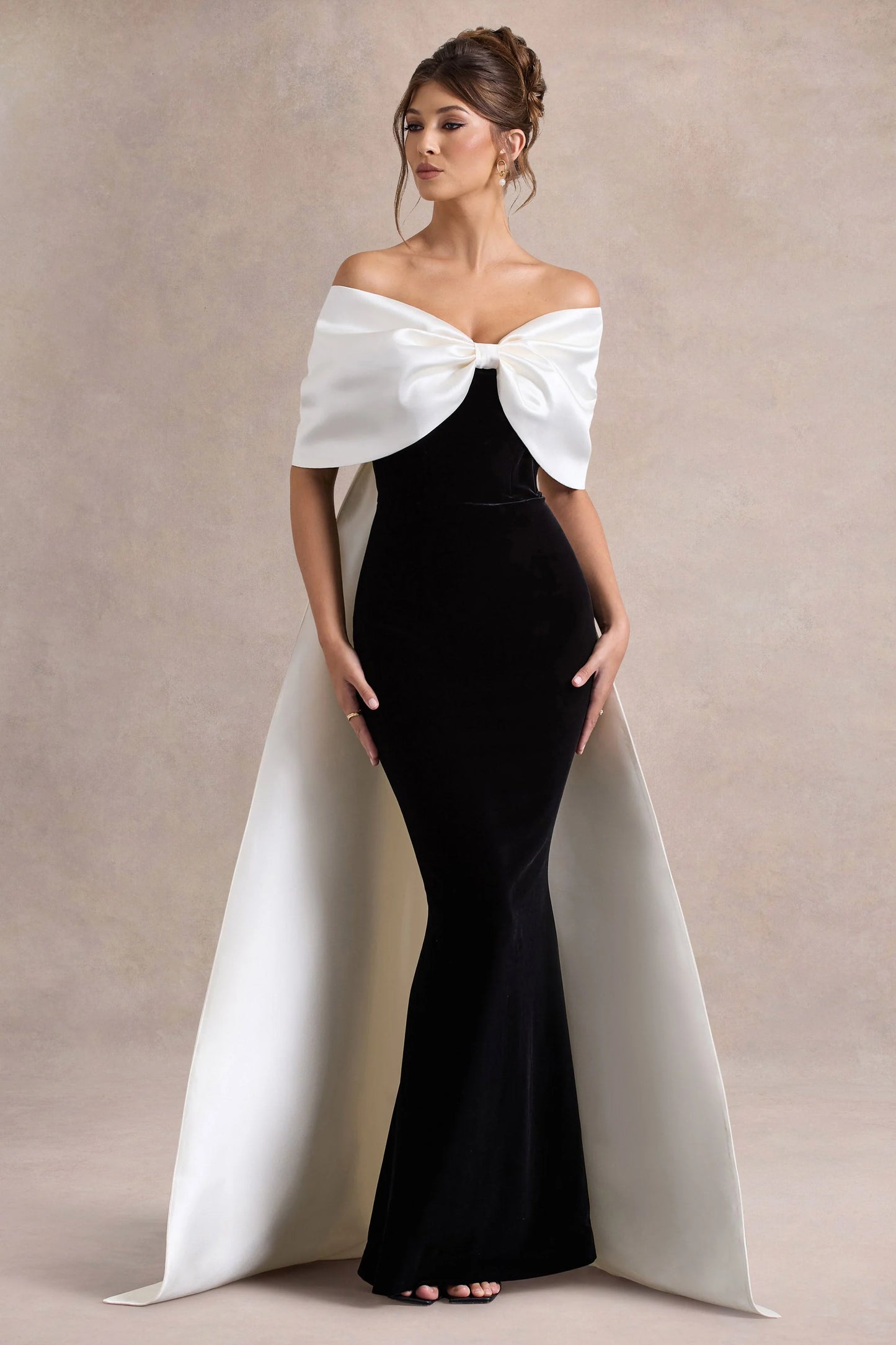 Wanting More Black & White Satin Cape Maxi Dress With Oversized Bow