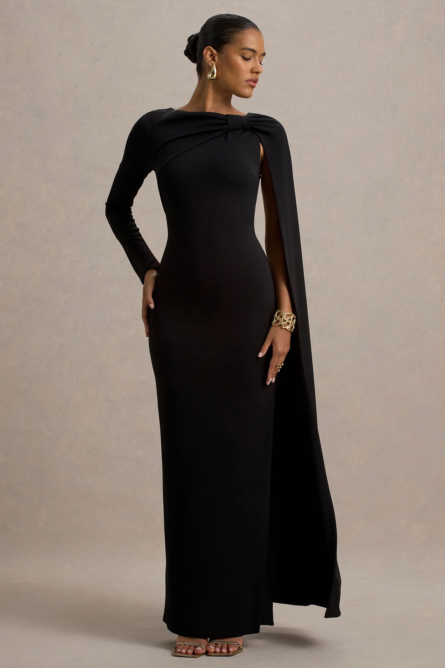 Frances Black High-Neck Maxi Dress With Cape Detail