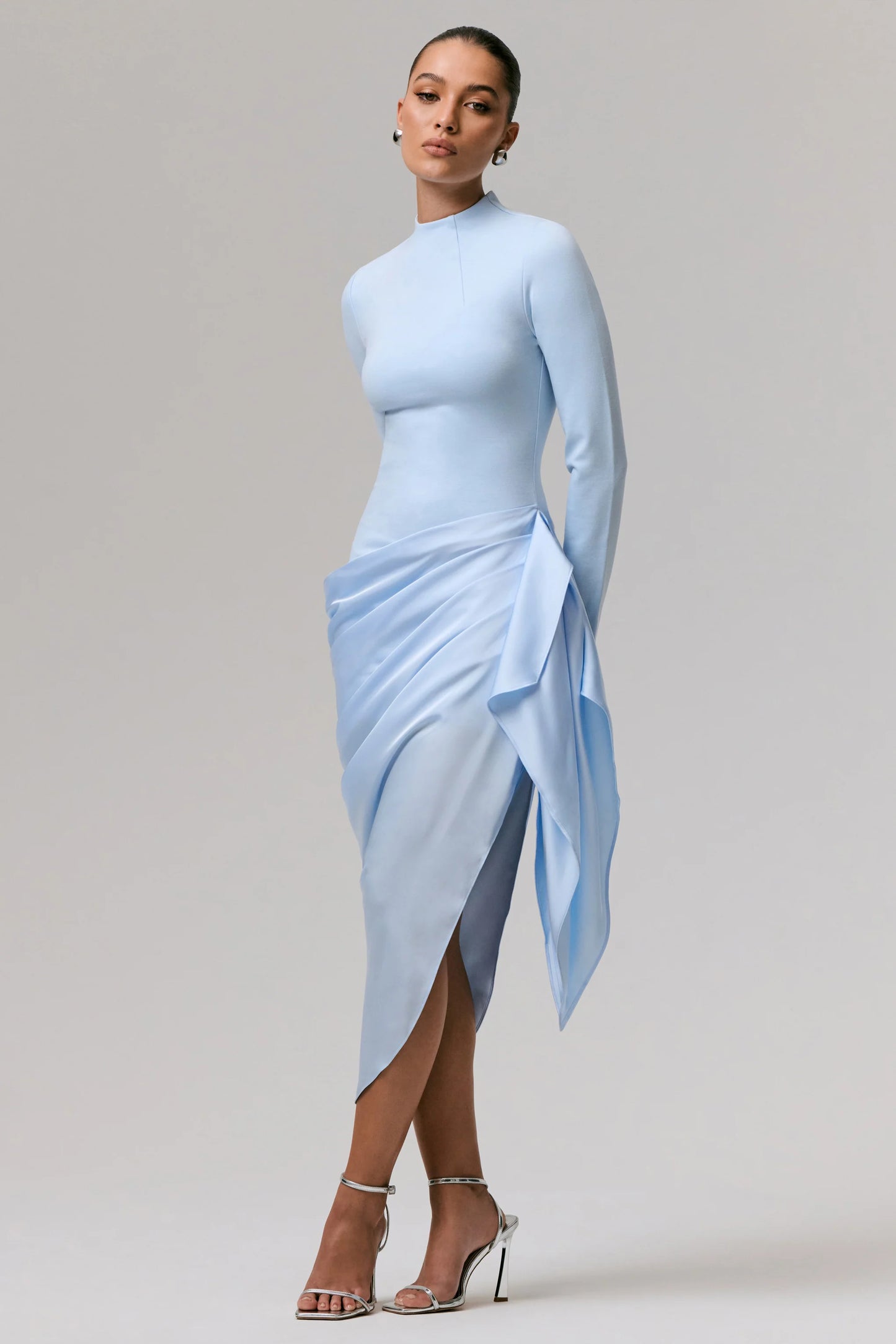 Raffie Powder Blue Long-Sleeve Midi Dress With Satin Wrap Skirt