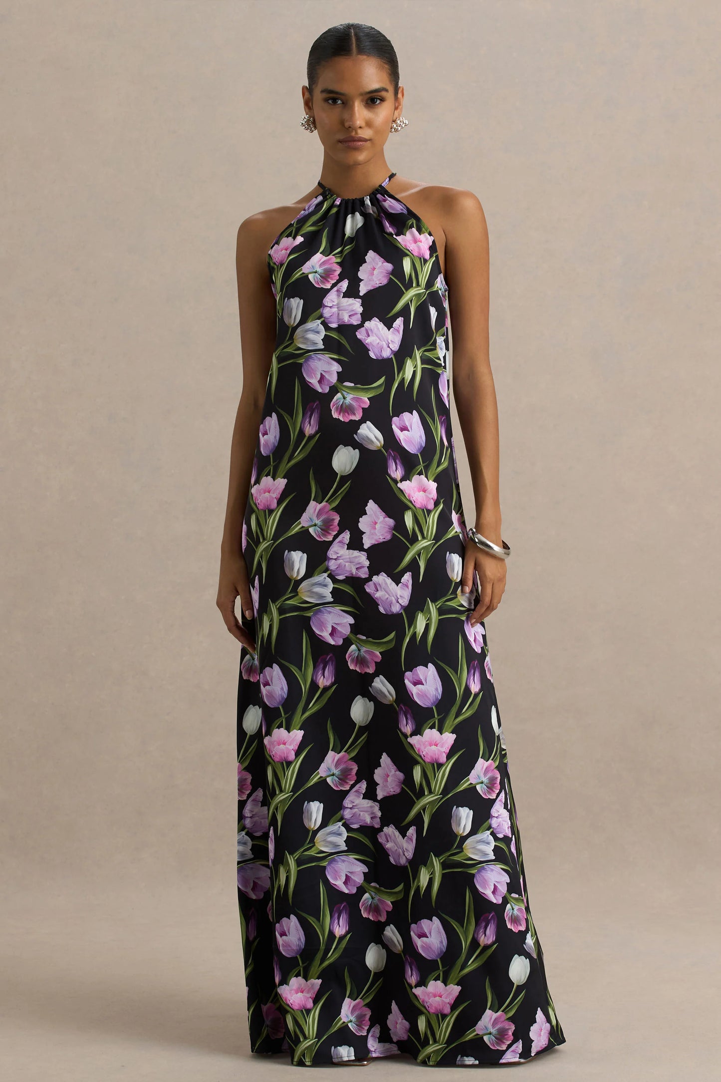 Svana Black Satin Floral Asymmetric Halter-Neck Maxi Dress