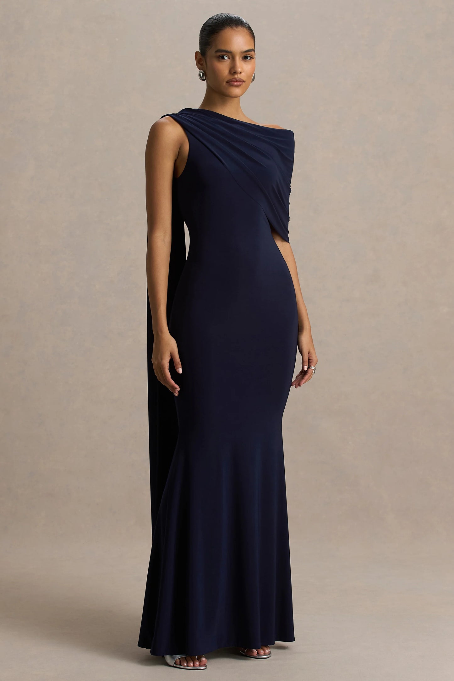 Tiana Navy Asymmetric-Neck Maxi Dress With Drape-Detail