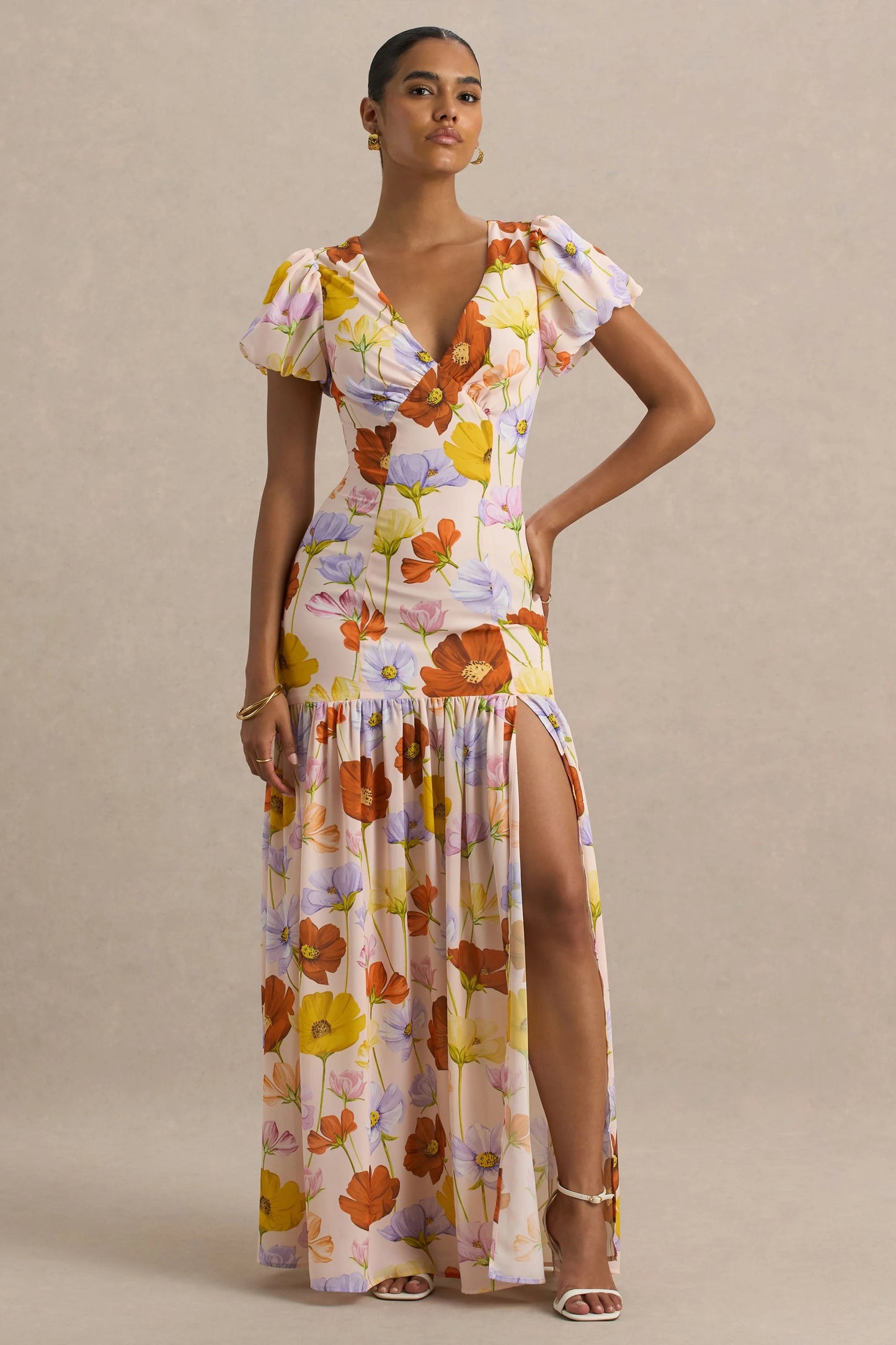 Ginny Bright Floral Print Puff-Sleeve Split Maxi Dress