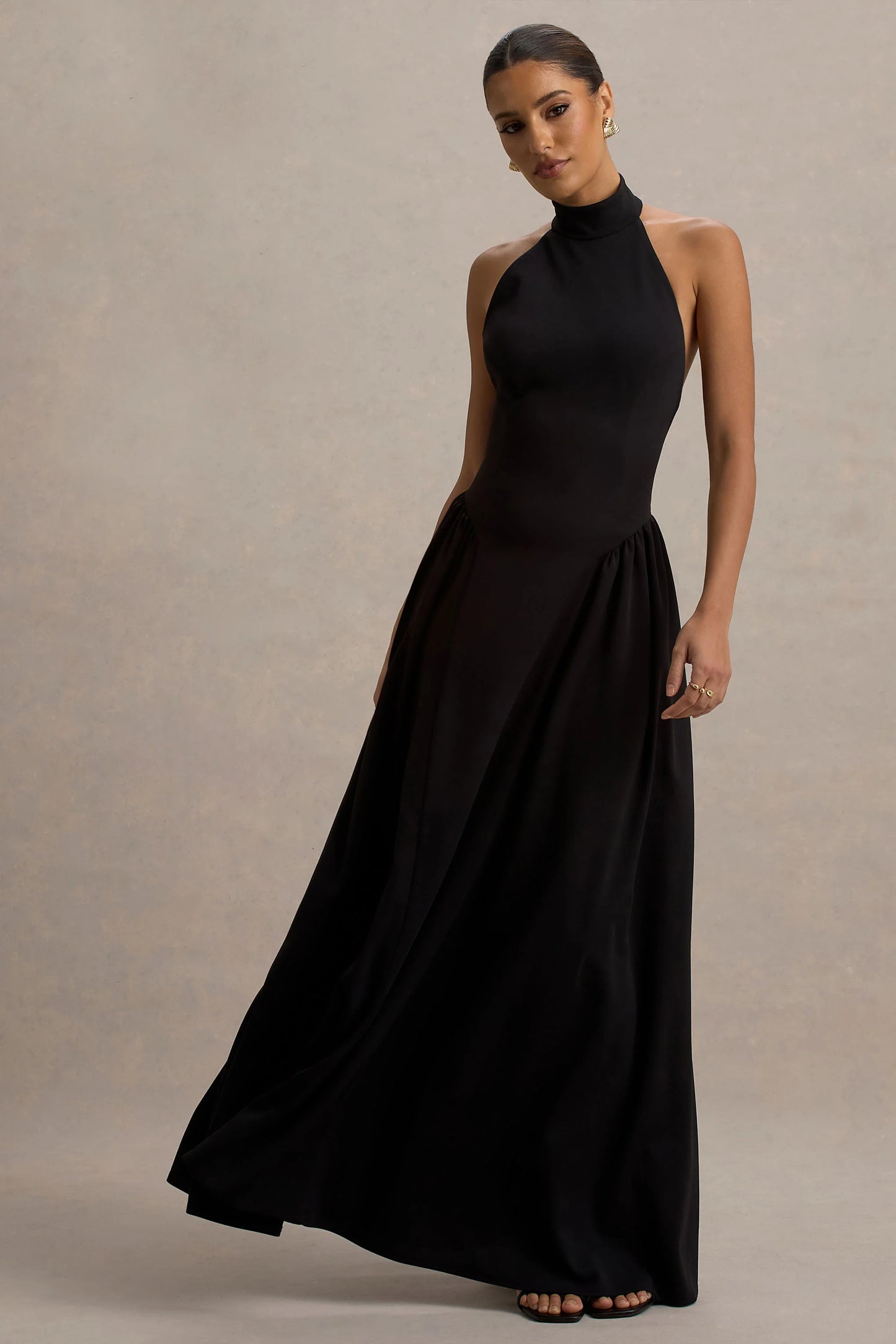 Cynthia Black High-Neck Maxi Dress With Volume Skirt