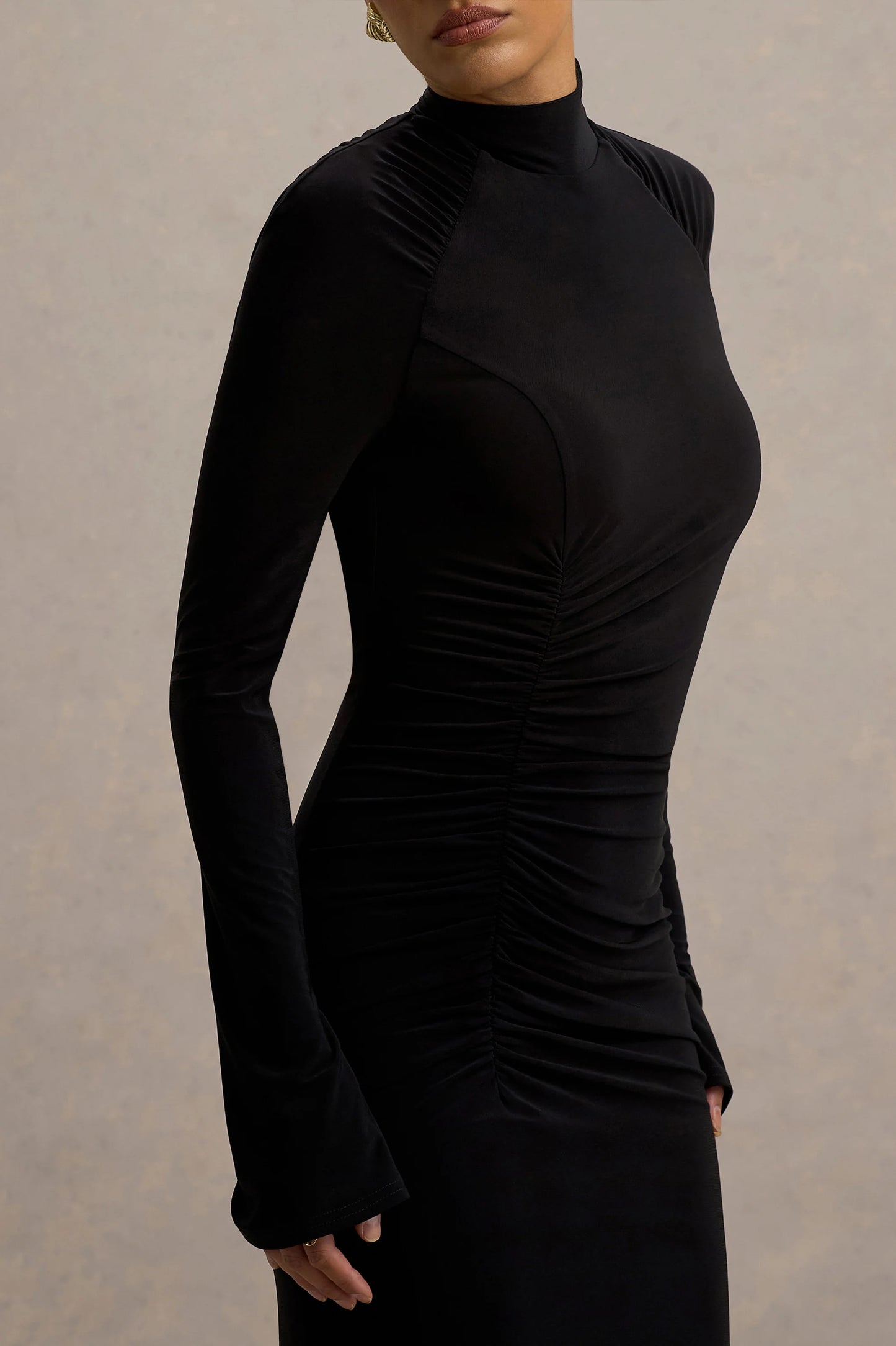 Cassandra Black High-Neck Long-Sleeve Midi Dress