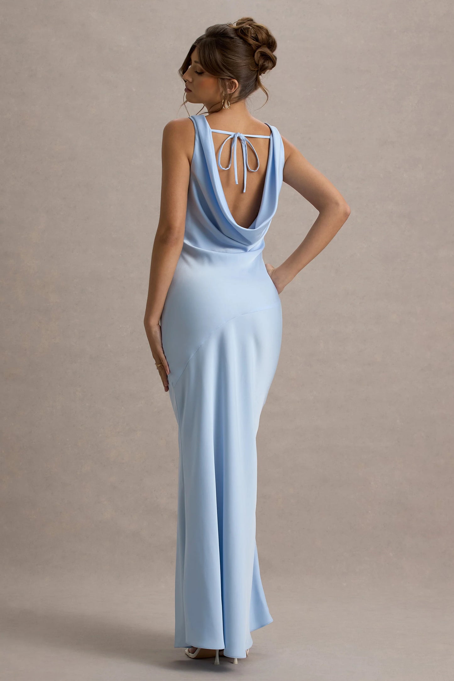 Alesso Powder Blue Satin Cowl-Neck Slip-Maxi Dress
