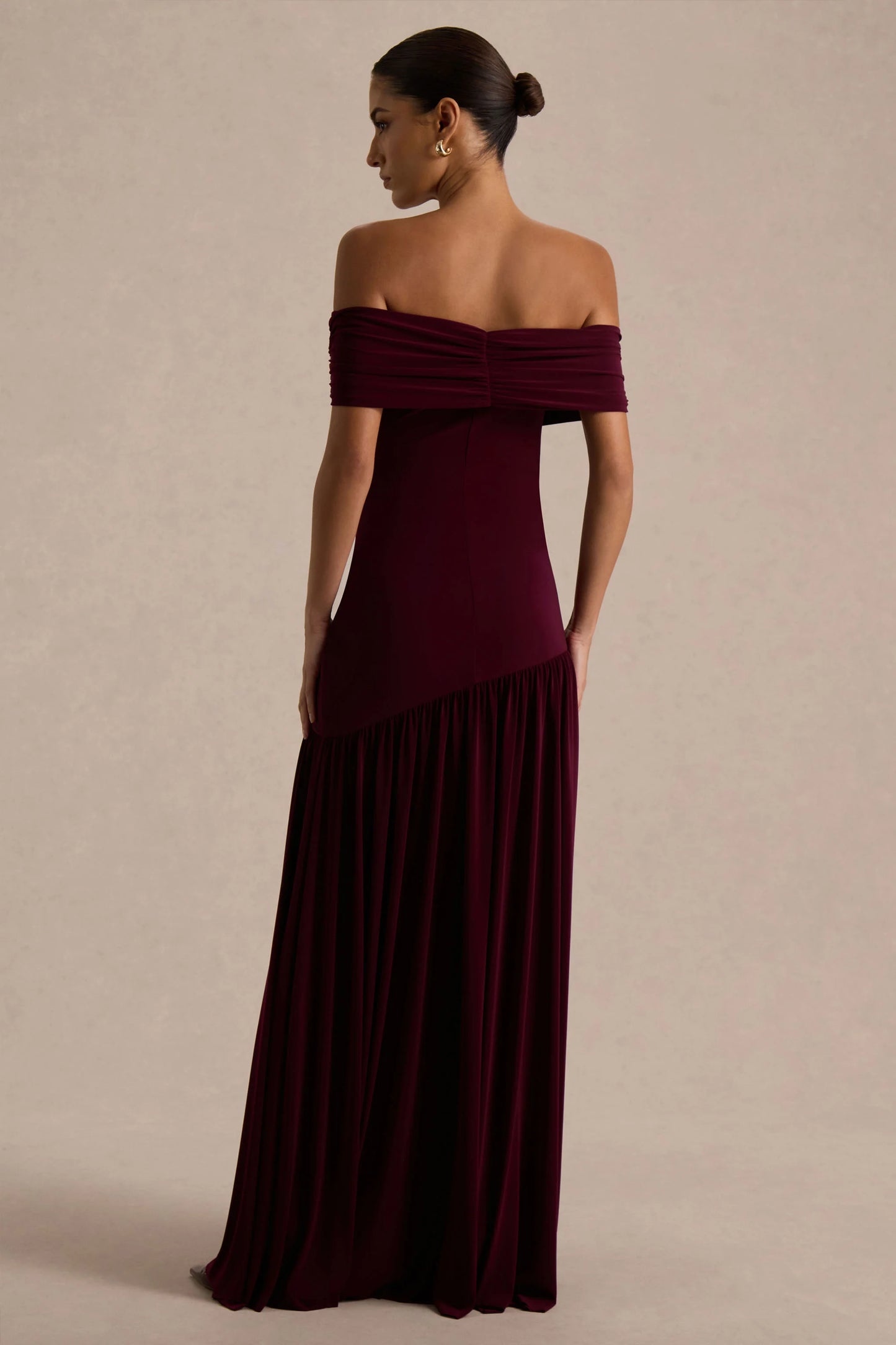 Venezia Burgundy Bardot Maxi Dress With Drop-Waist