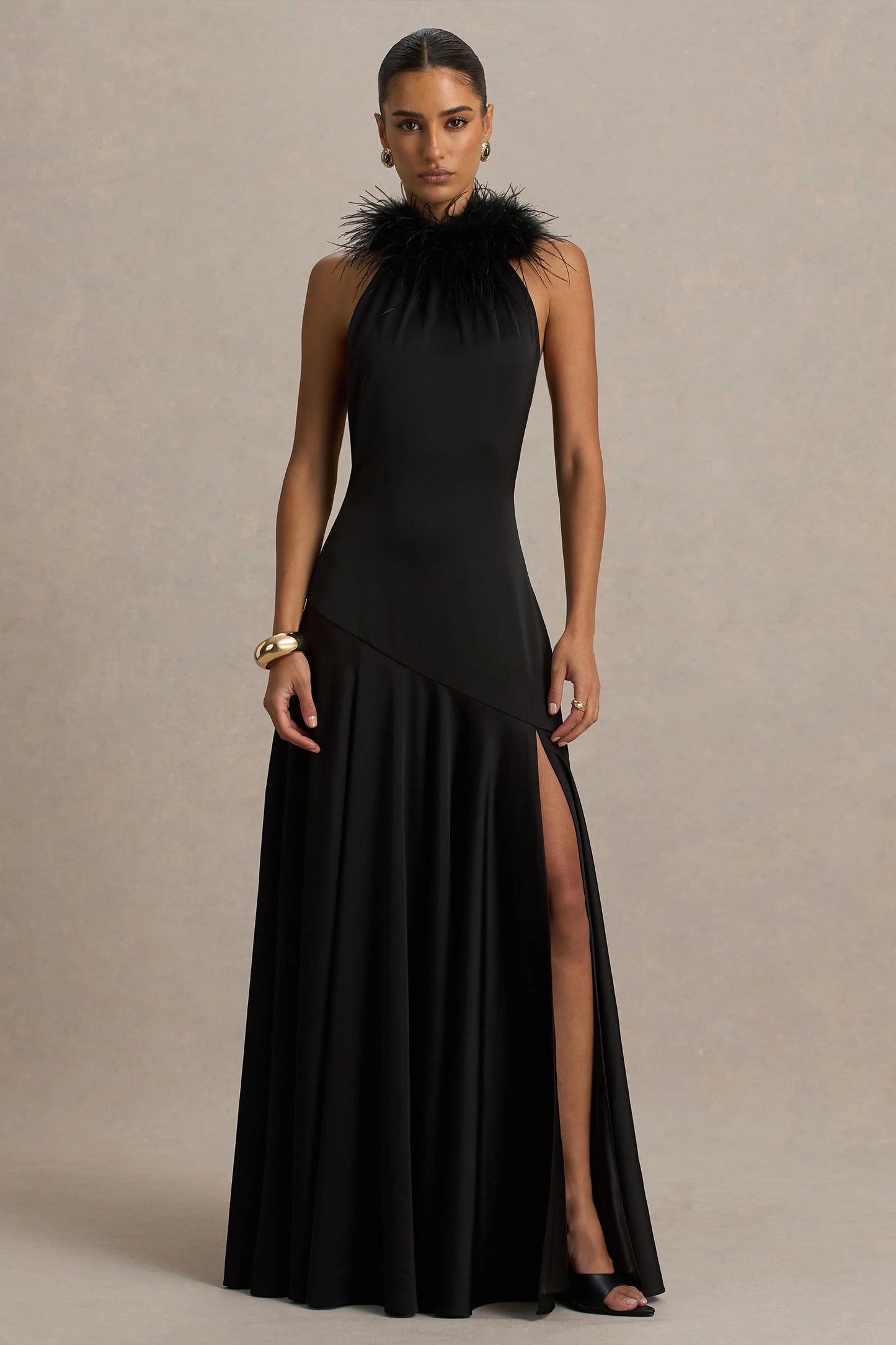 Jemima Black Satin Halter-Neck Maxi Dress With Feather Trim