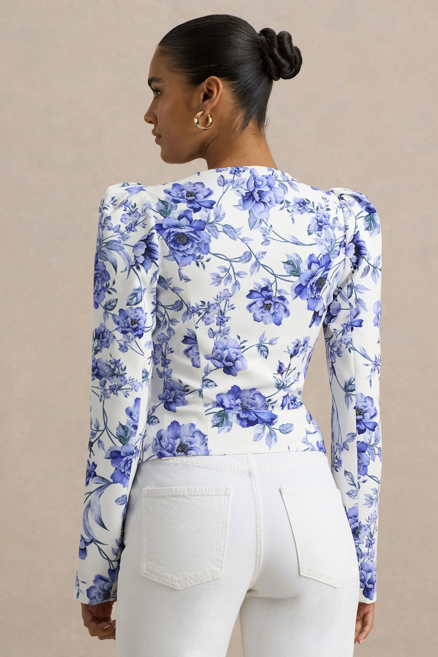 Olympia Blue Floral Print Sweetheart-Neck Tailored Top