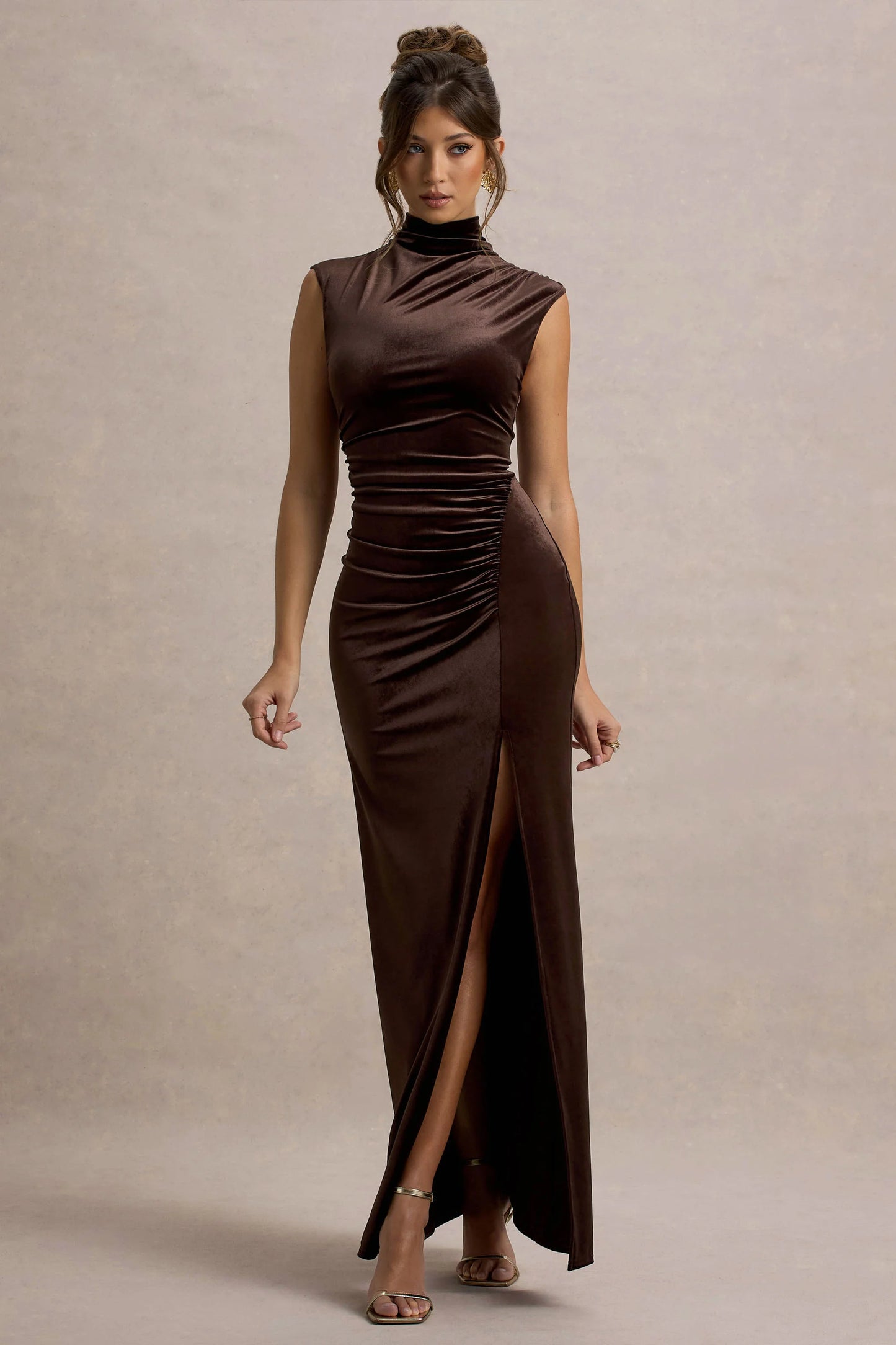 Abilene Chocolate Velvet High-Neck Split Maxi Dress