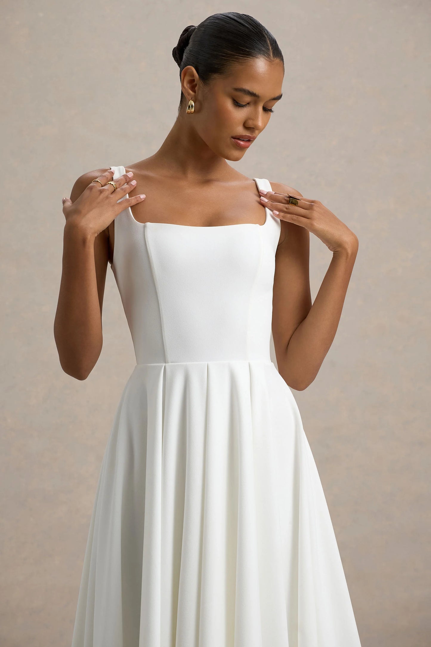 Parina White Strappy Volume-Hem Midi Dress