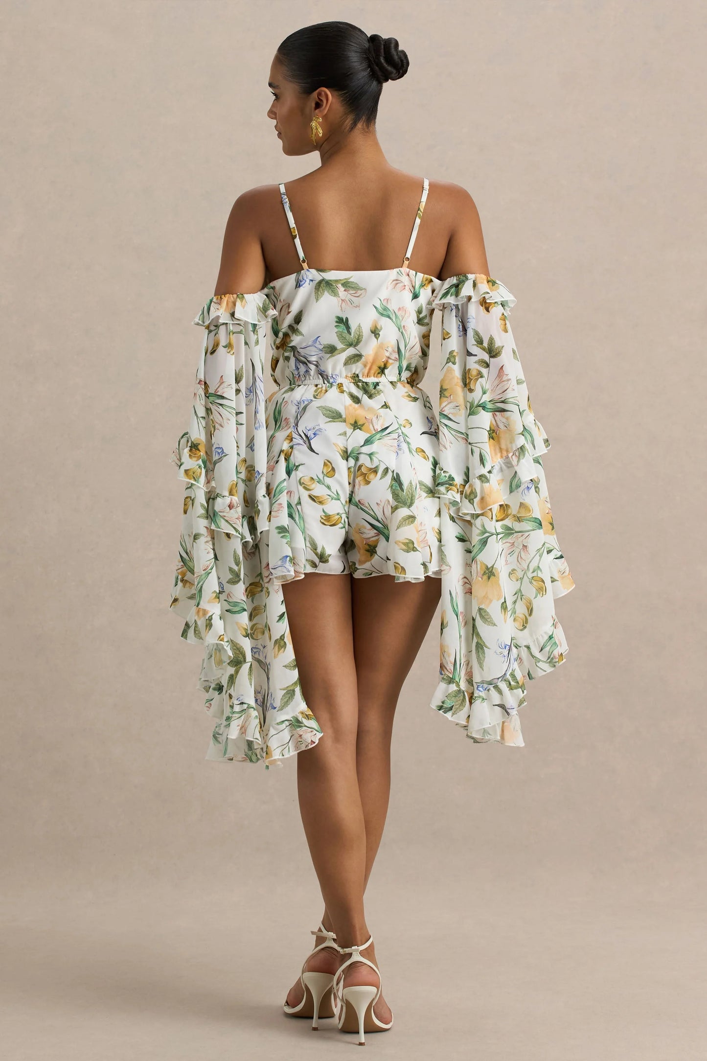 Anaya Lemon Floral Print Chiffon Playsuit With Long Sleeves