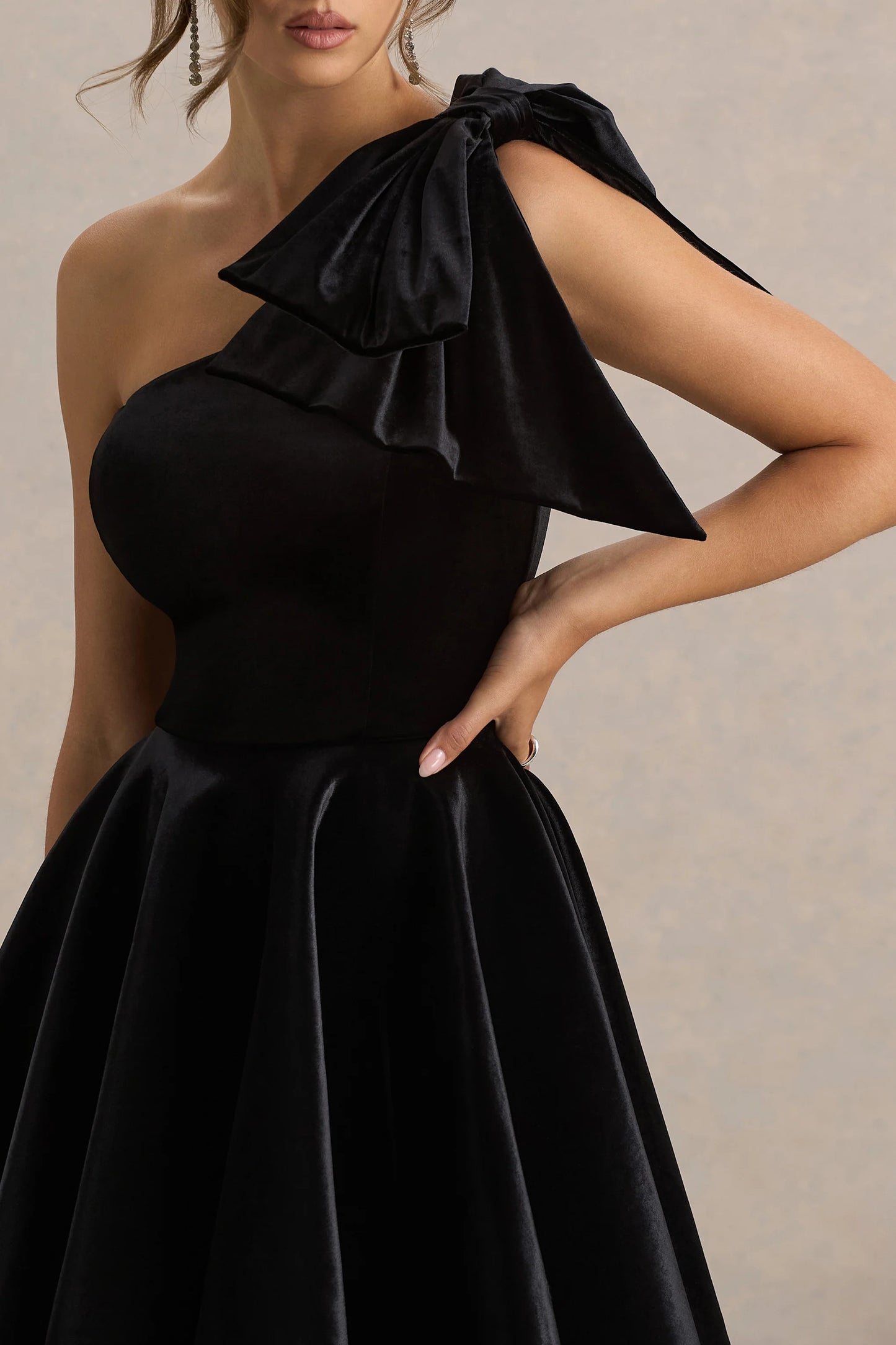 Keeley Black Asymmetric-Neck Velvet Mini Dress With Bow Detail