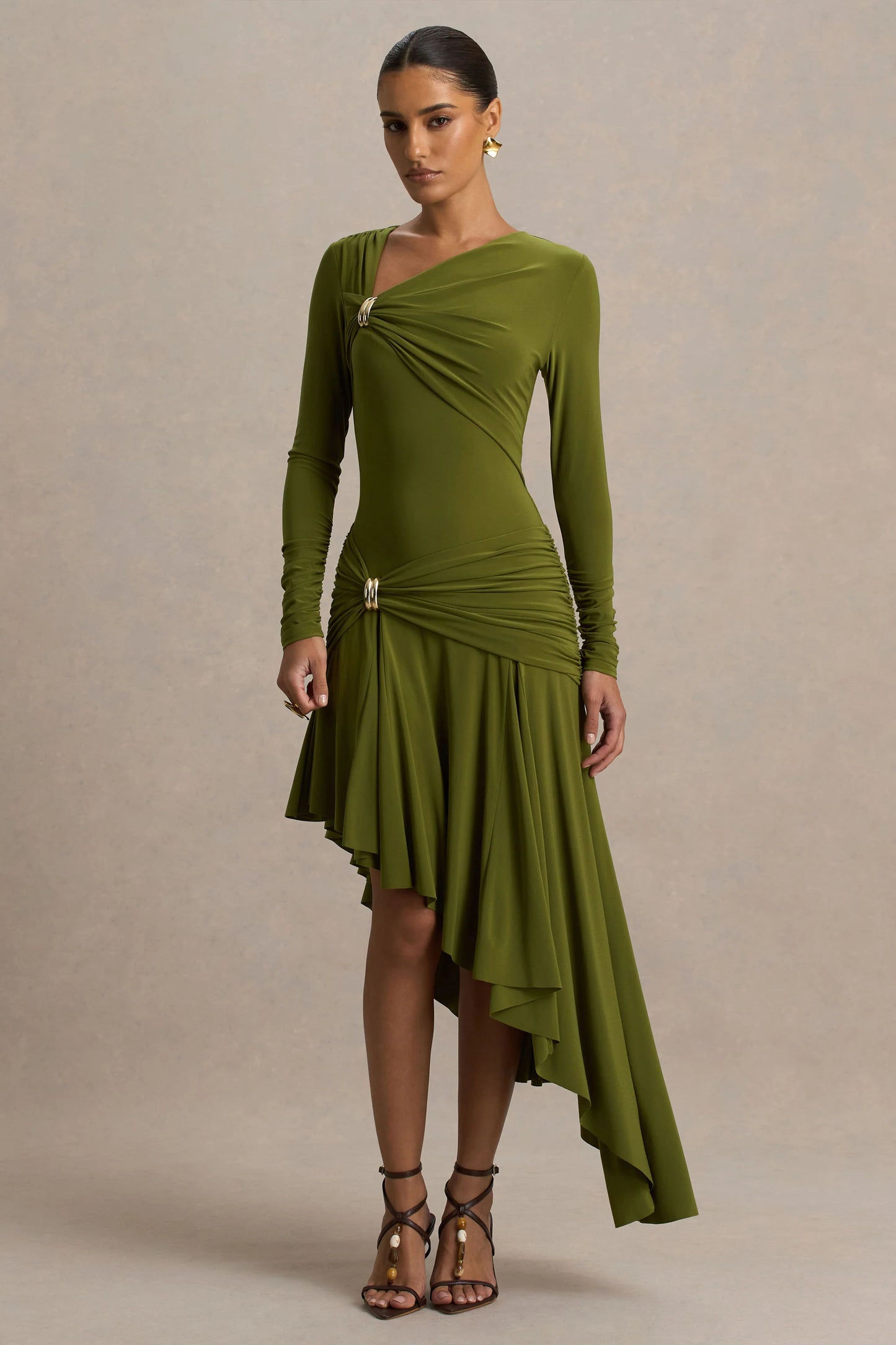 Alexia Green Asymmetric-Neck Maxi Dress With Gold-Details