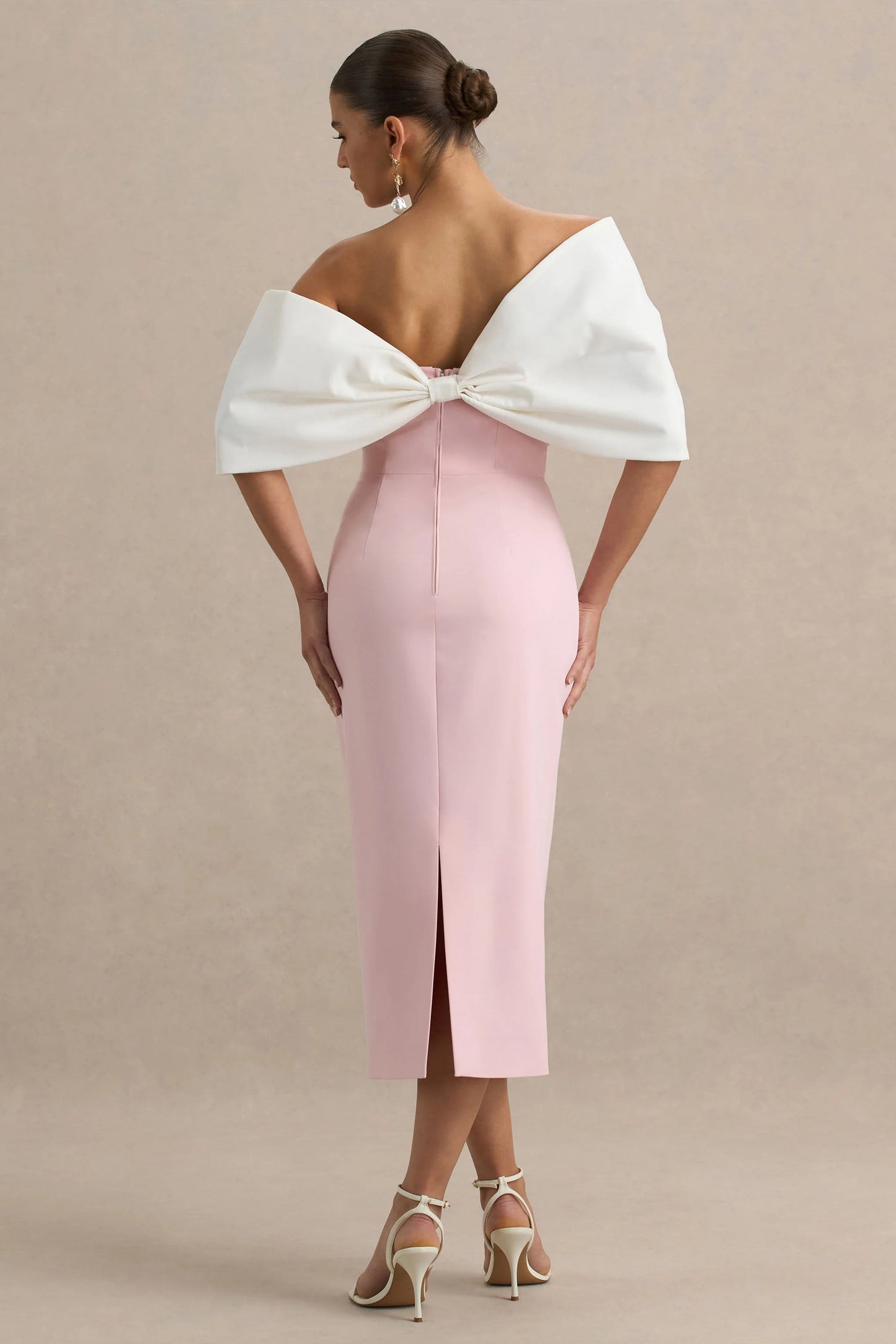 Lucille Rose & Pink Asymmetric Bardot Midi Dress With Bow Detail