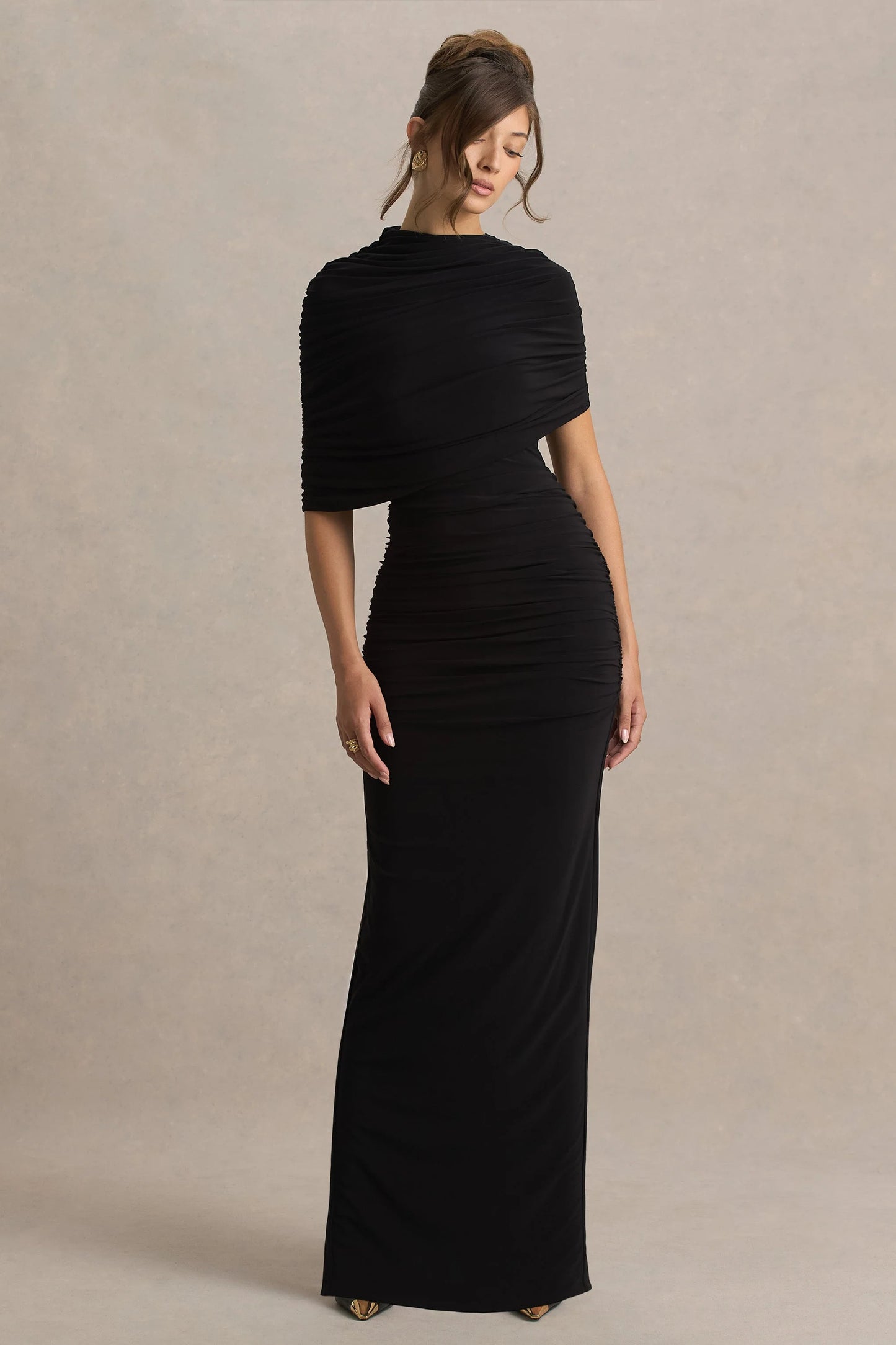 Glitz Black High-Neck Maxi Dress With Cape Sleeve and Ruched Detail