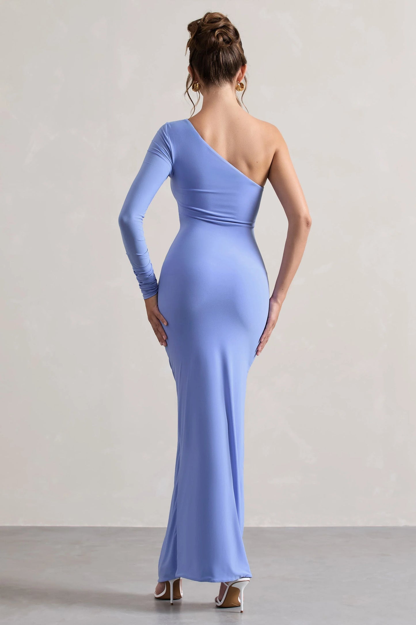 Anima Pale Blue Asymmetric Ruched One-Sleeve Maxi Dress
