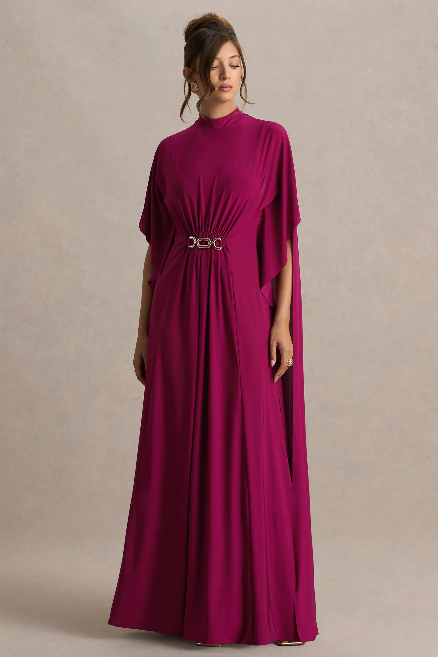 Olessia Burgundy Belted Gathered Cape-Sleeve Maxi Dress