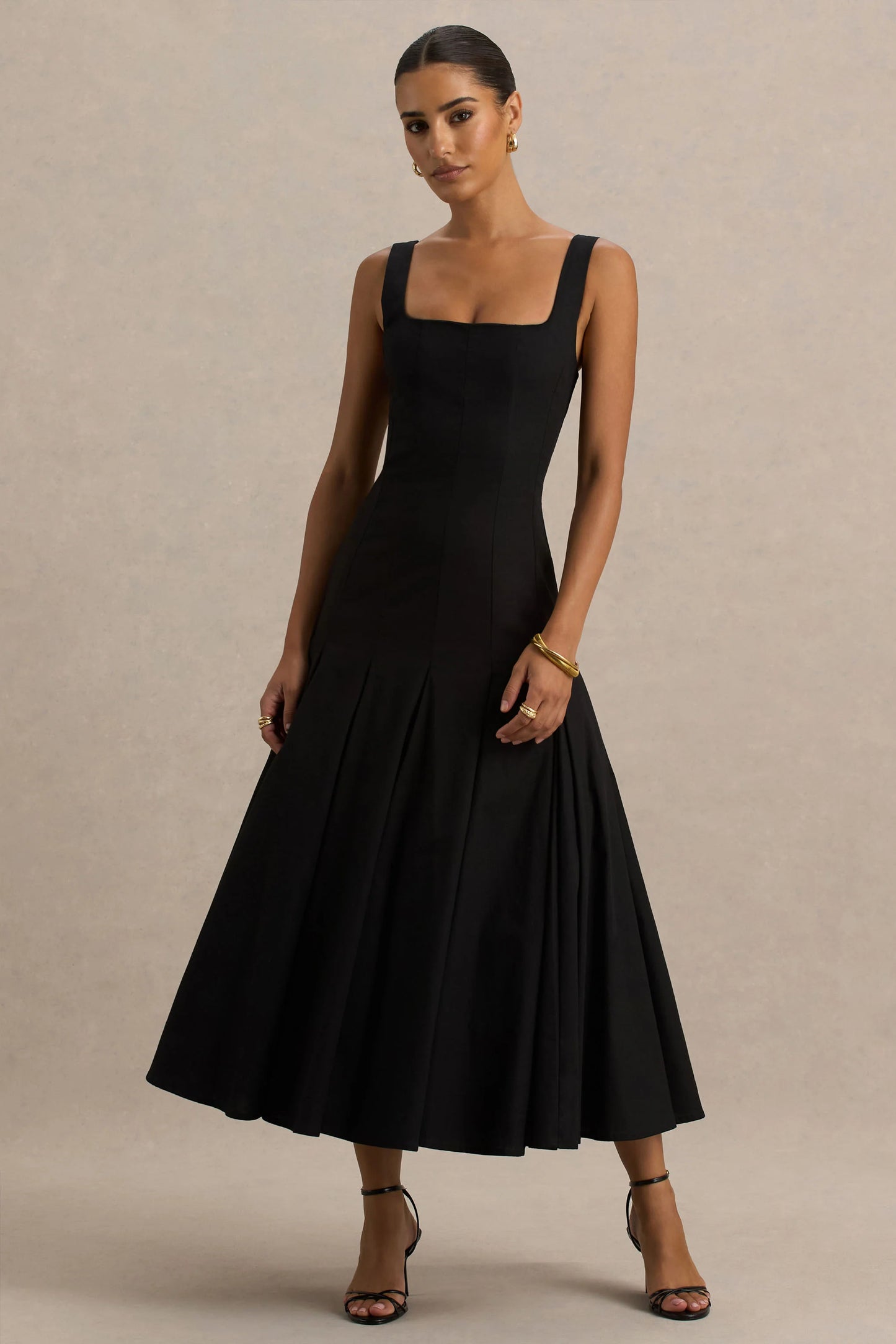 Magnolia Black Scoop-Neck Midi Dress With Drop-Waist And Ruffling Detail