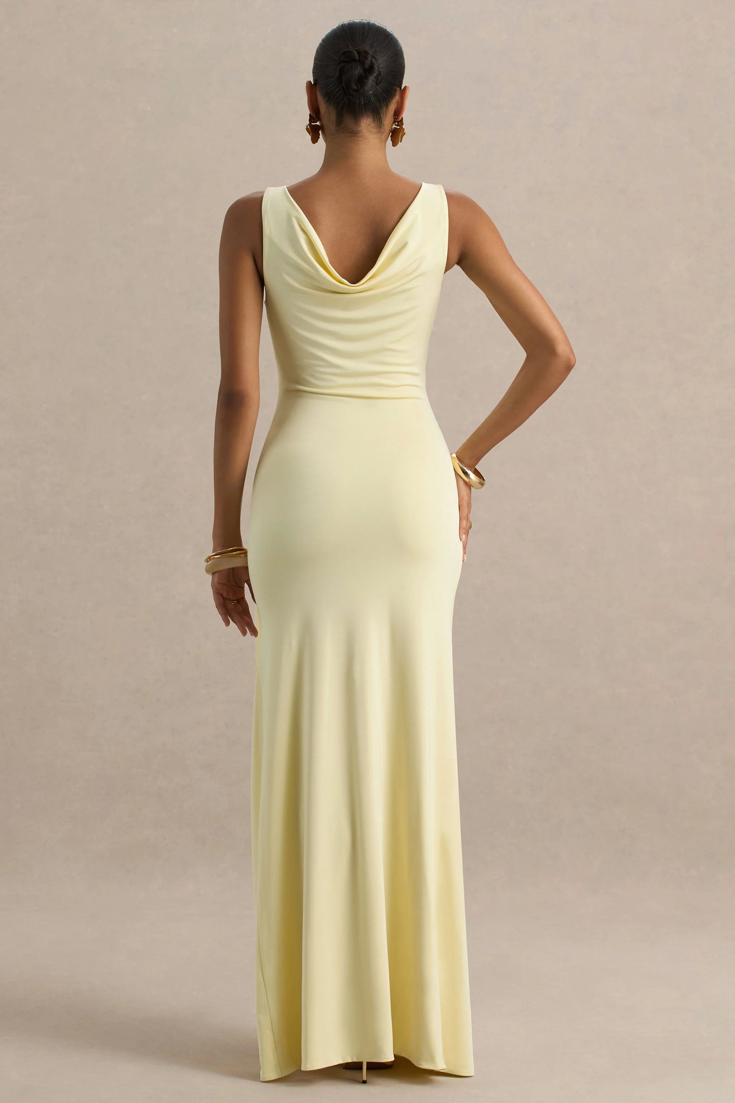 Pure Affection Pale Lemon Cowl-Neck Maxi Dress With Ruched Detailing And Front High Split
