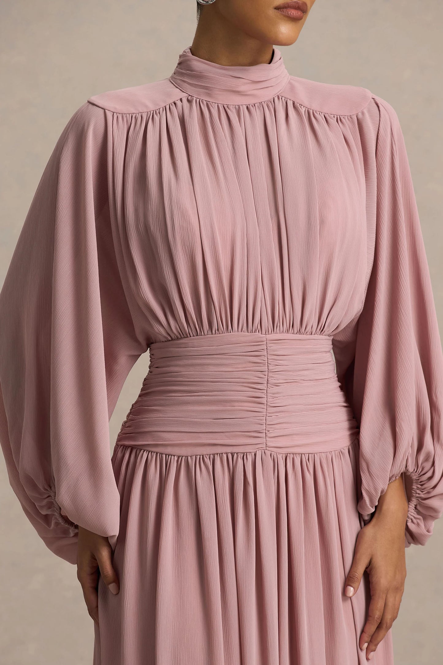 Annabel Dusty Pink High-Neck Midi Dress With Drop-Waist And Pleated Detailing