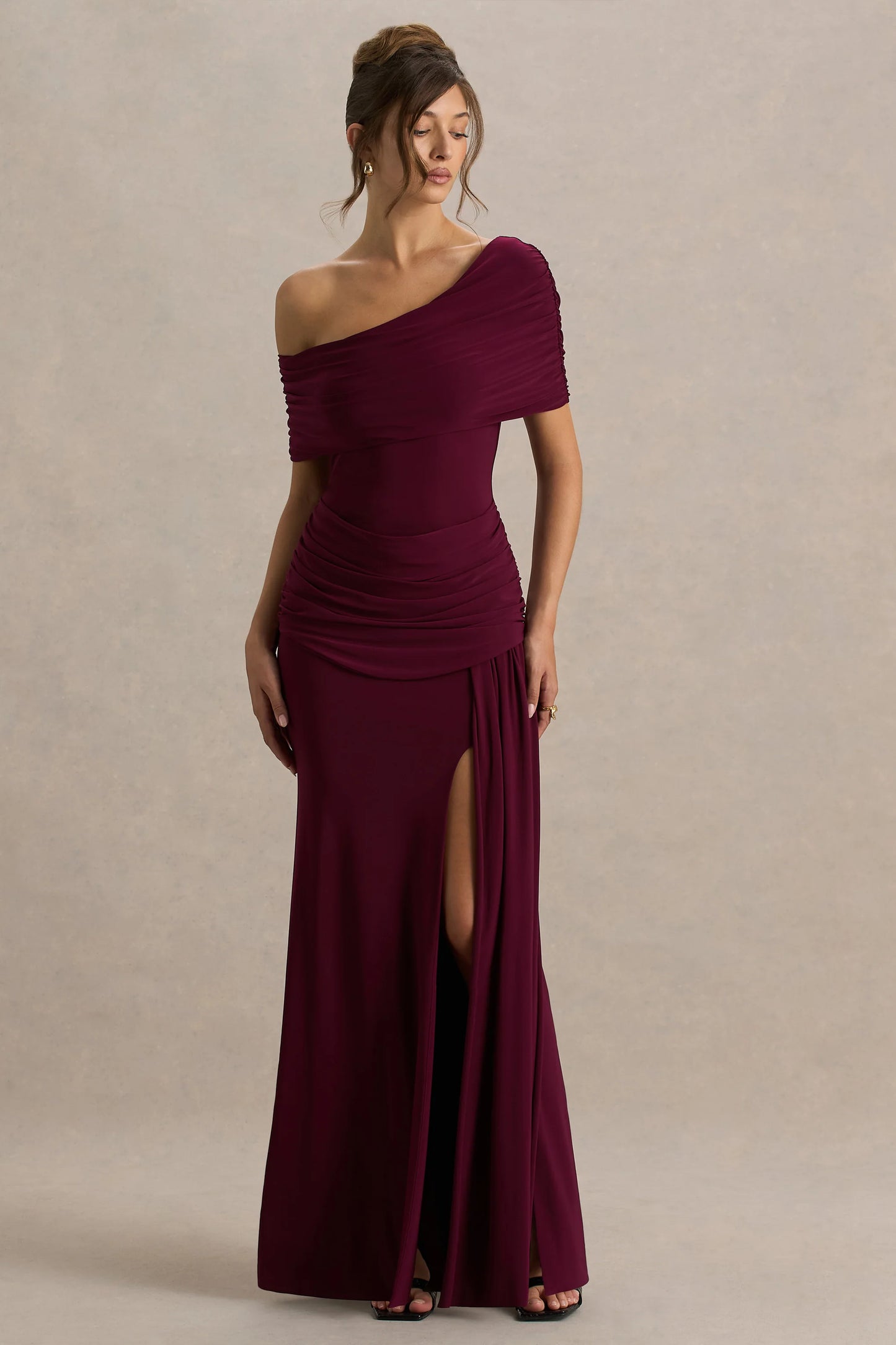 Dynasty Burgundy Asymmetric-Neck Maxi Dress With Ruched Detailing And Front High-Split