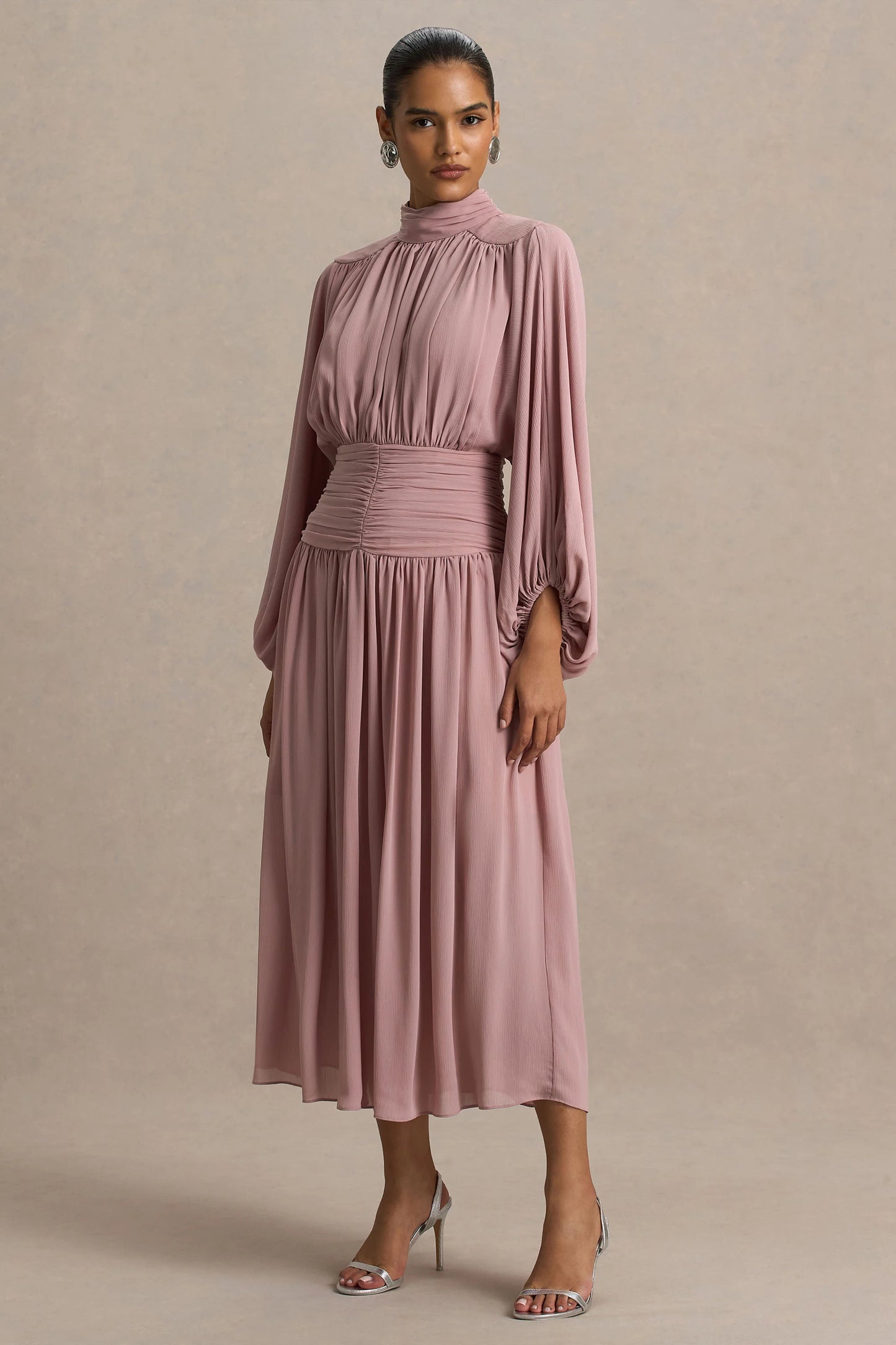 Annabel Dusty Pink High-Neck Midi Dress With Drop-Waist And Pleated Detailing