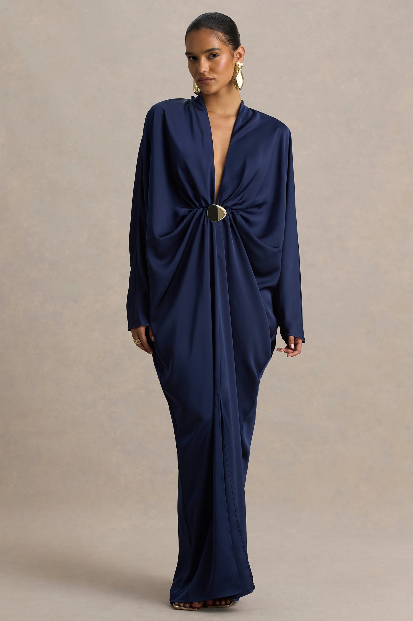 Tina Navy Satin Plunge-Neck Embellished Maxi Dress