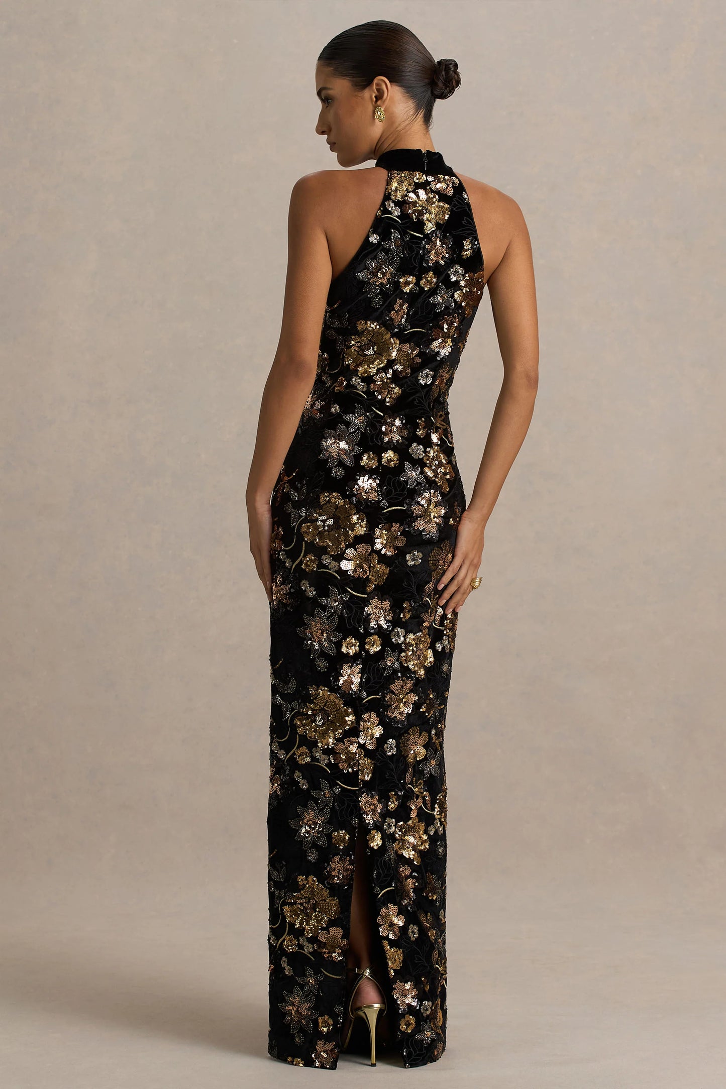 Tate Black Velvet Halter-Neck Maxi Dress With Bronze Floral Sequin Embellishments