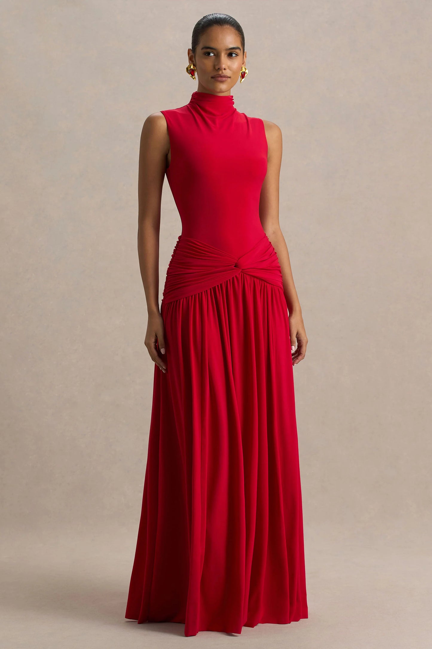 Cascade Red High-Neck Maxi Dress With Twist Detail