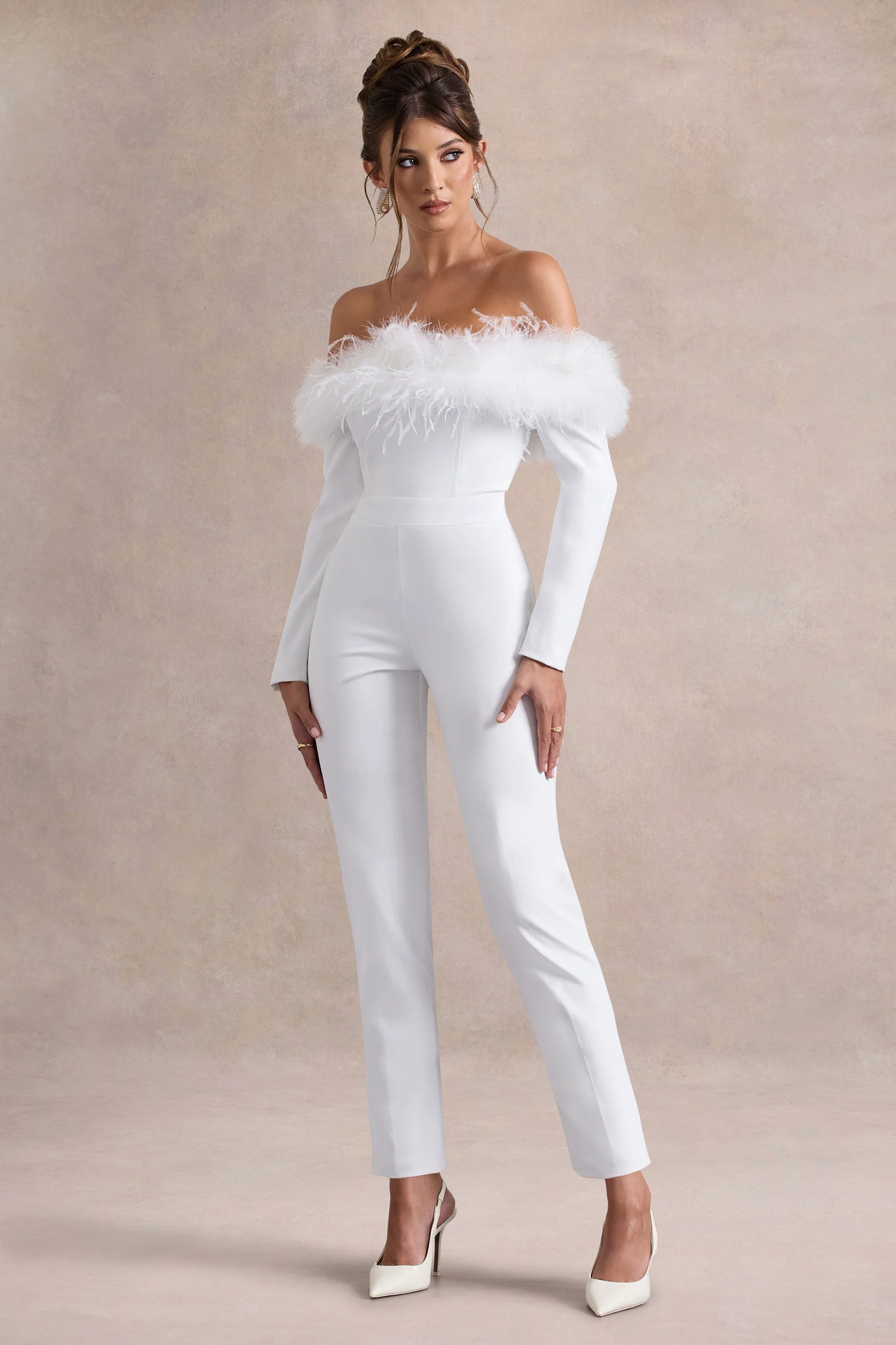 Ales White Bardot Tailored Straight-Leg Jumpsuit With Feather Trim