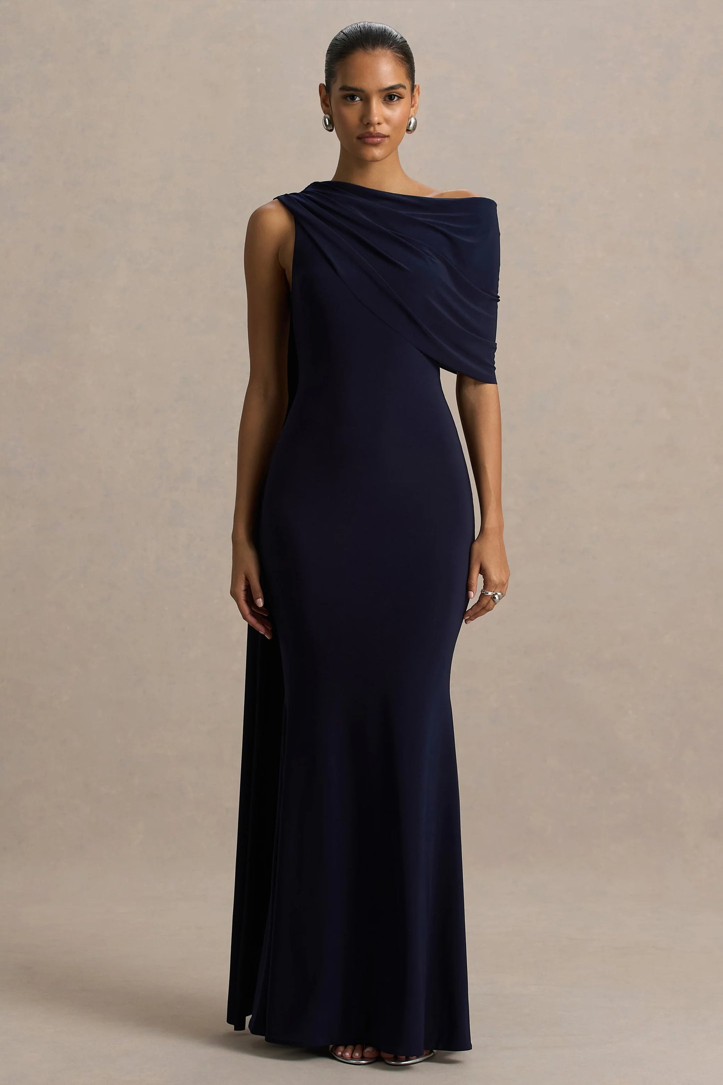 Tiana Navy Asymmetric-Neck Maxi Dress With Drape-Detail
