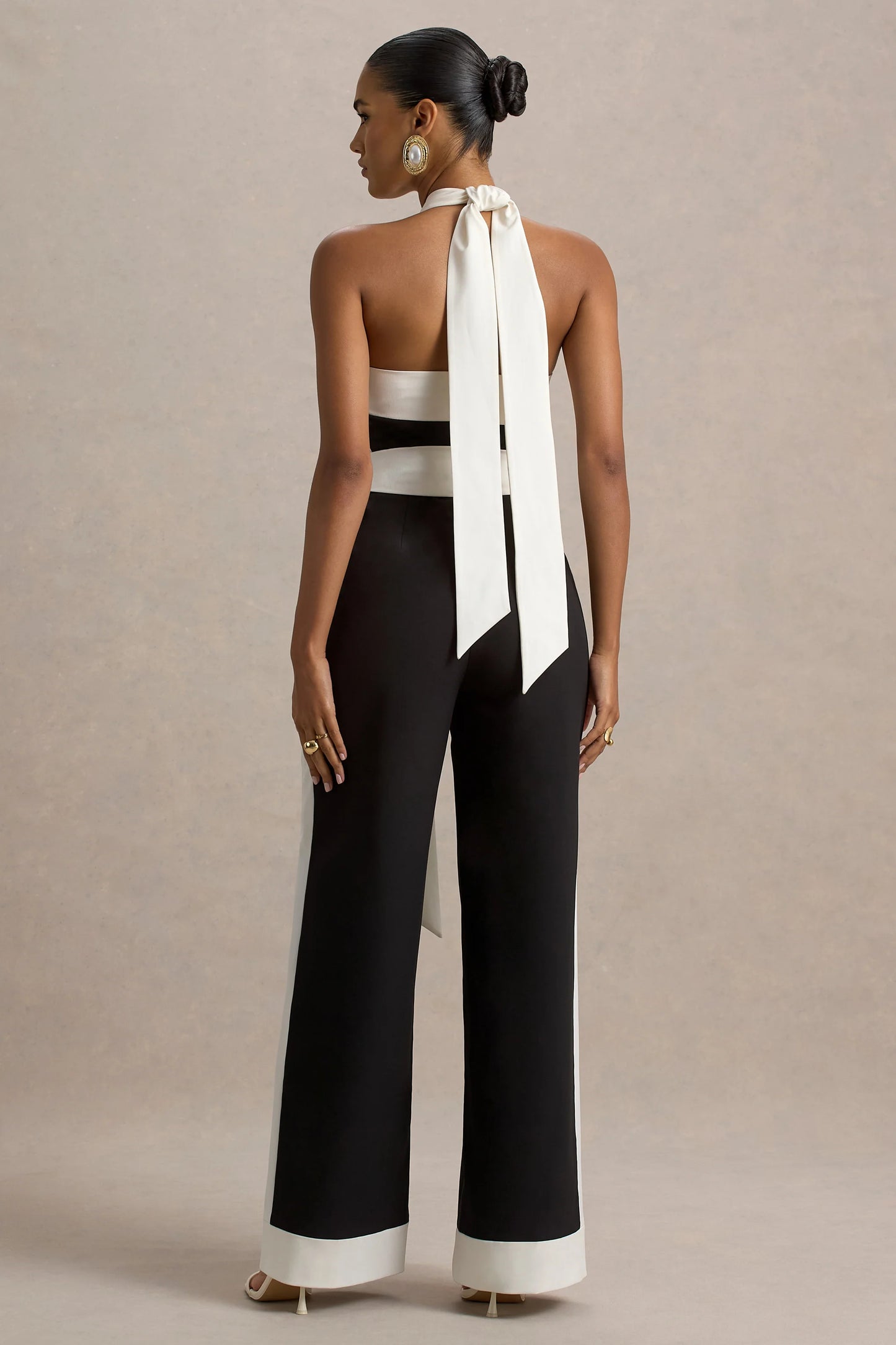 Caterina Black & White Halter-Neck Wide-Leg Jumpsuit