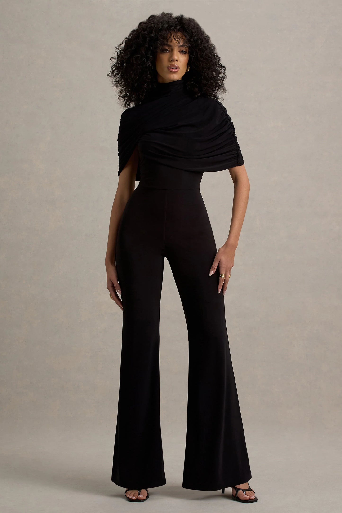 Isoline Black Twist Cape Flared-Leg Jumpsuit