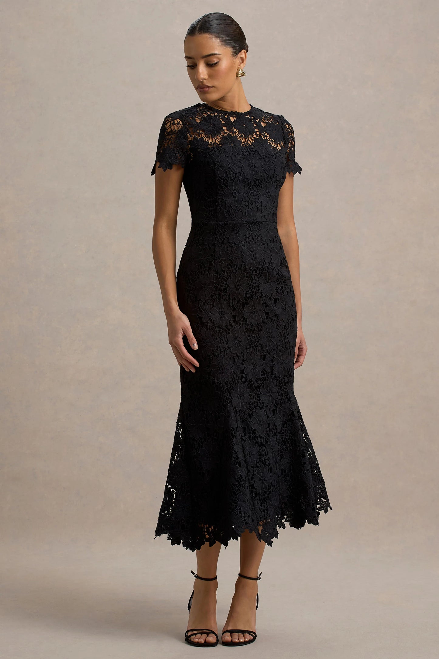 Clarissa Black Lace Short-Sleeve Midi Dress