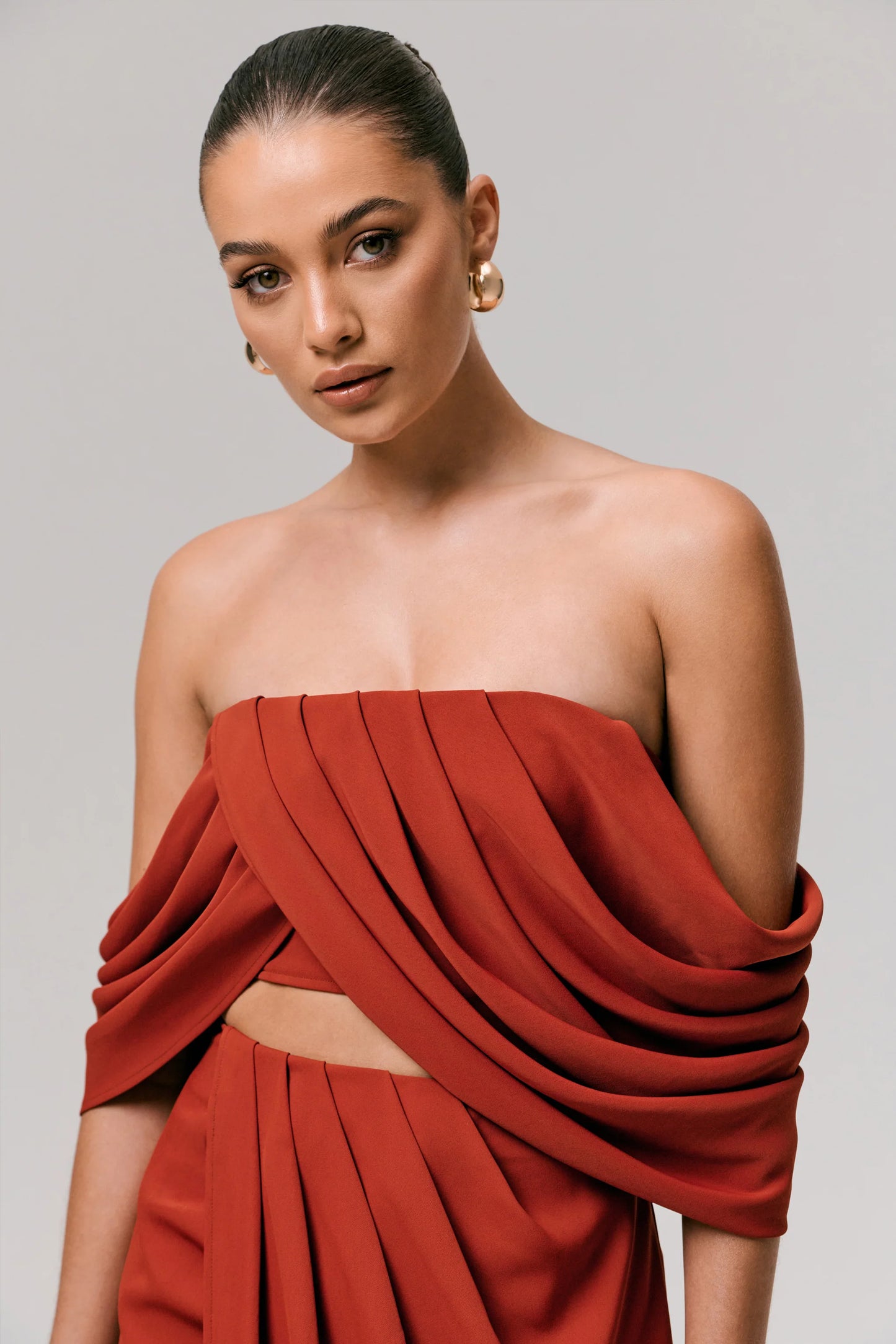 Talika Terracotta Bardot Crop-Top With Draped Sleeves